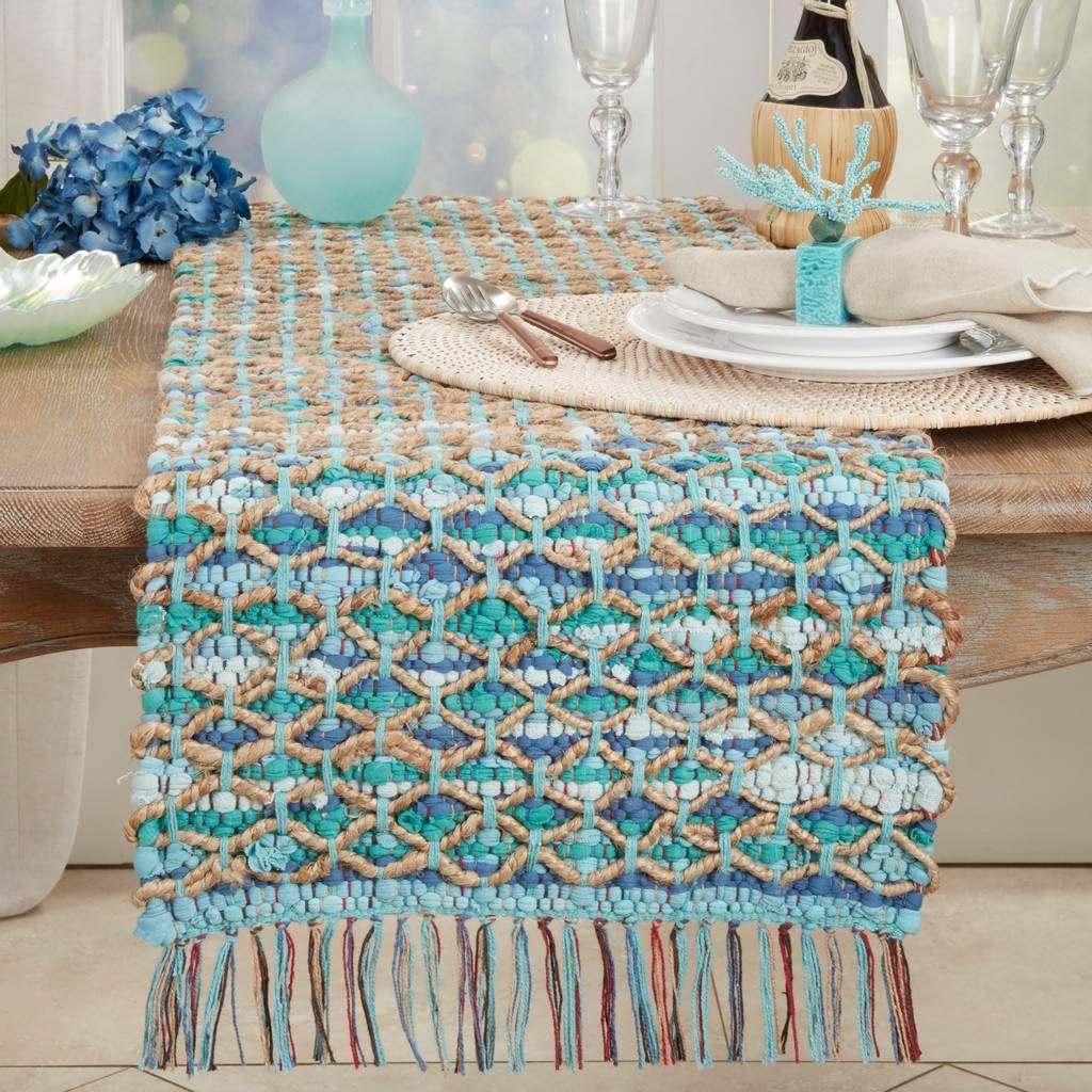Fennco Styles Woven Net Chindi Table Runner with Tassel 16" W X 72" L - Aqua Cotton Jute Rustic Table Cover for Home, Dining Room Décor, Banquets, Family Gatherings