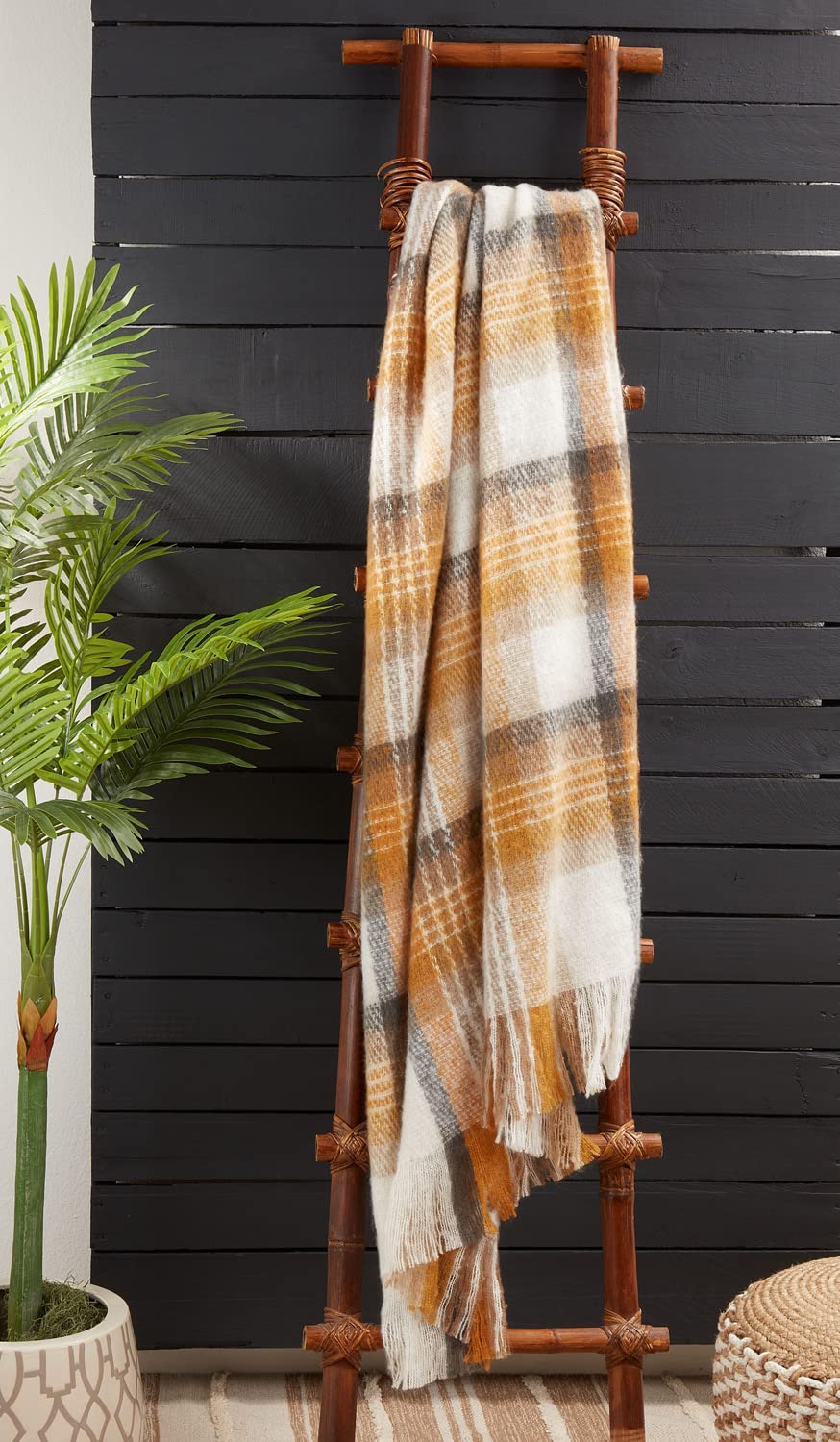 Fennco Styles Faux Mohair Check Fringed Throw Blanket 50" W x 60" L - Mustard Yellow Woven Blanket for Bed, Couch, Sofa, Home, Thanksgiving, Christmas, Holidays, and Office Décor