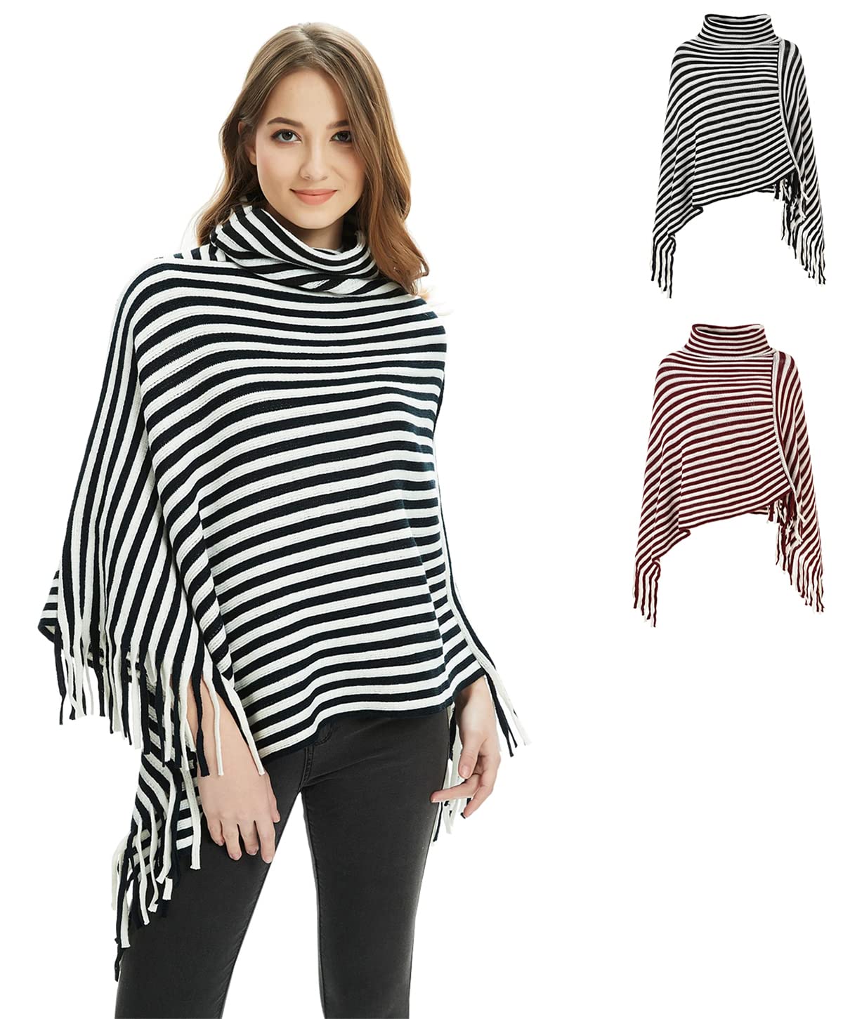 stylesilove Women Autumn Winter Knit Striped Turtleneck Fringe Poncho Pullover Shawl Warm Soft Wrap Lightweight Cape