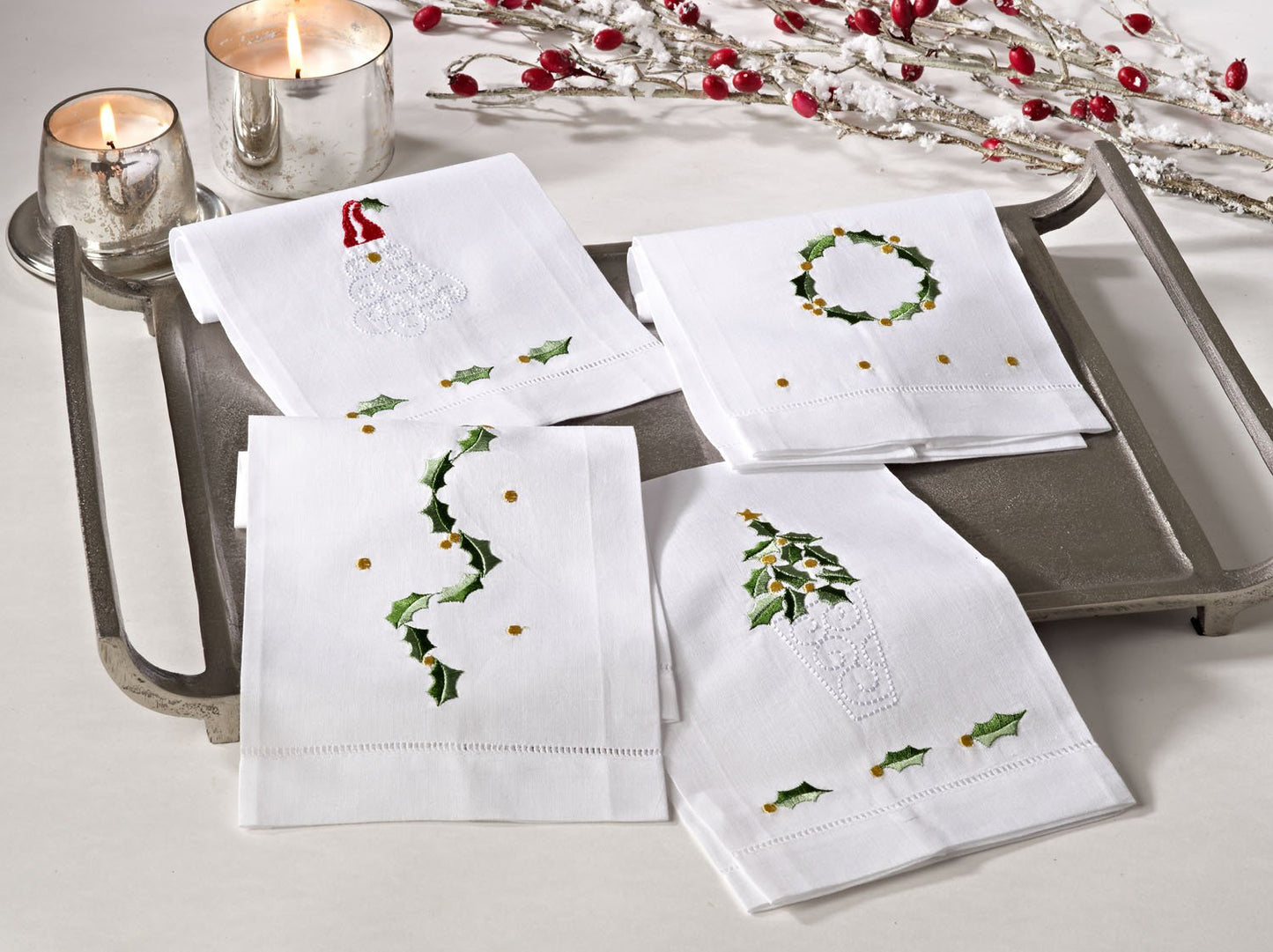 Fennco Styles Embroidered Holly Leaf Christmas Tree Design Hemstitched Linen Cotton Guest Towels 14" W X 22" L - Set of 4