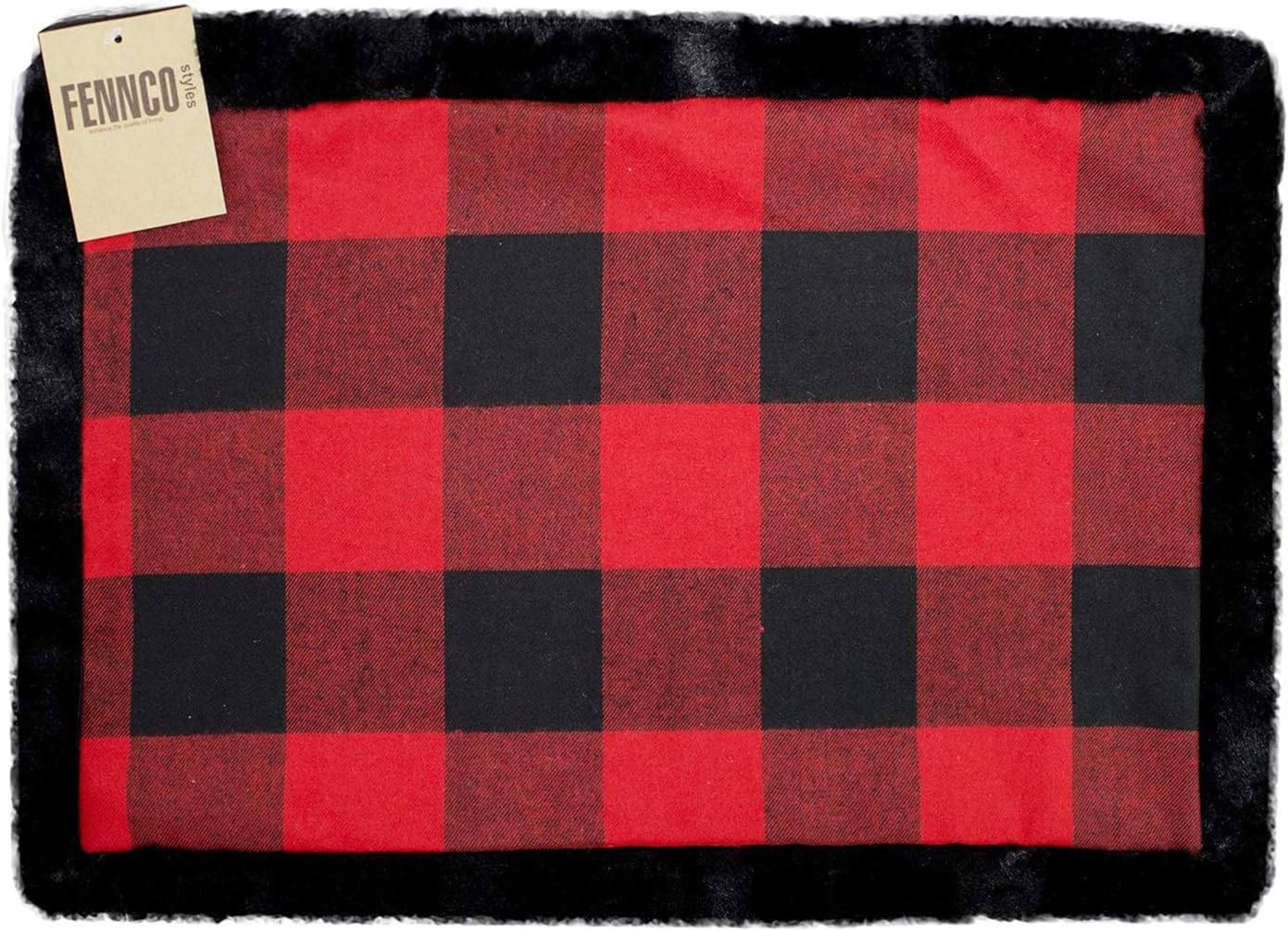 Fennco Styles Unique Christmas Buffalo Plaid Red and Black with Faux Fur Border Design Placemat (Black Fur Placemat 13"x19" Set of 4)