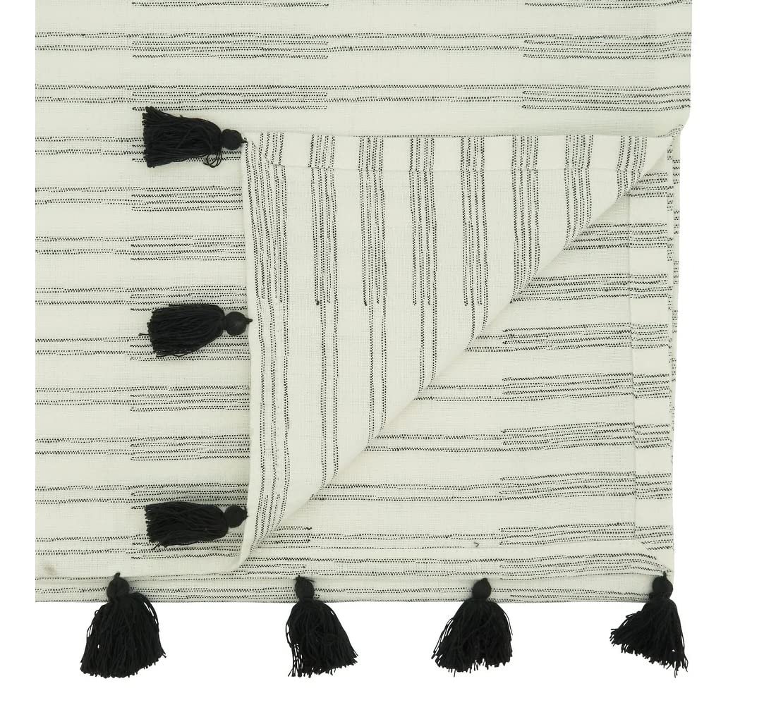 Fennco Styles Modern Striped Cotton Tassels Table Runner 16" W x 72" L - Black & White Woven Table Cover for Home Décor, Dining Table, Banquets, Family Gathering and Special Events