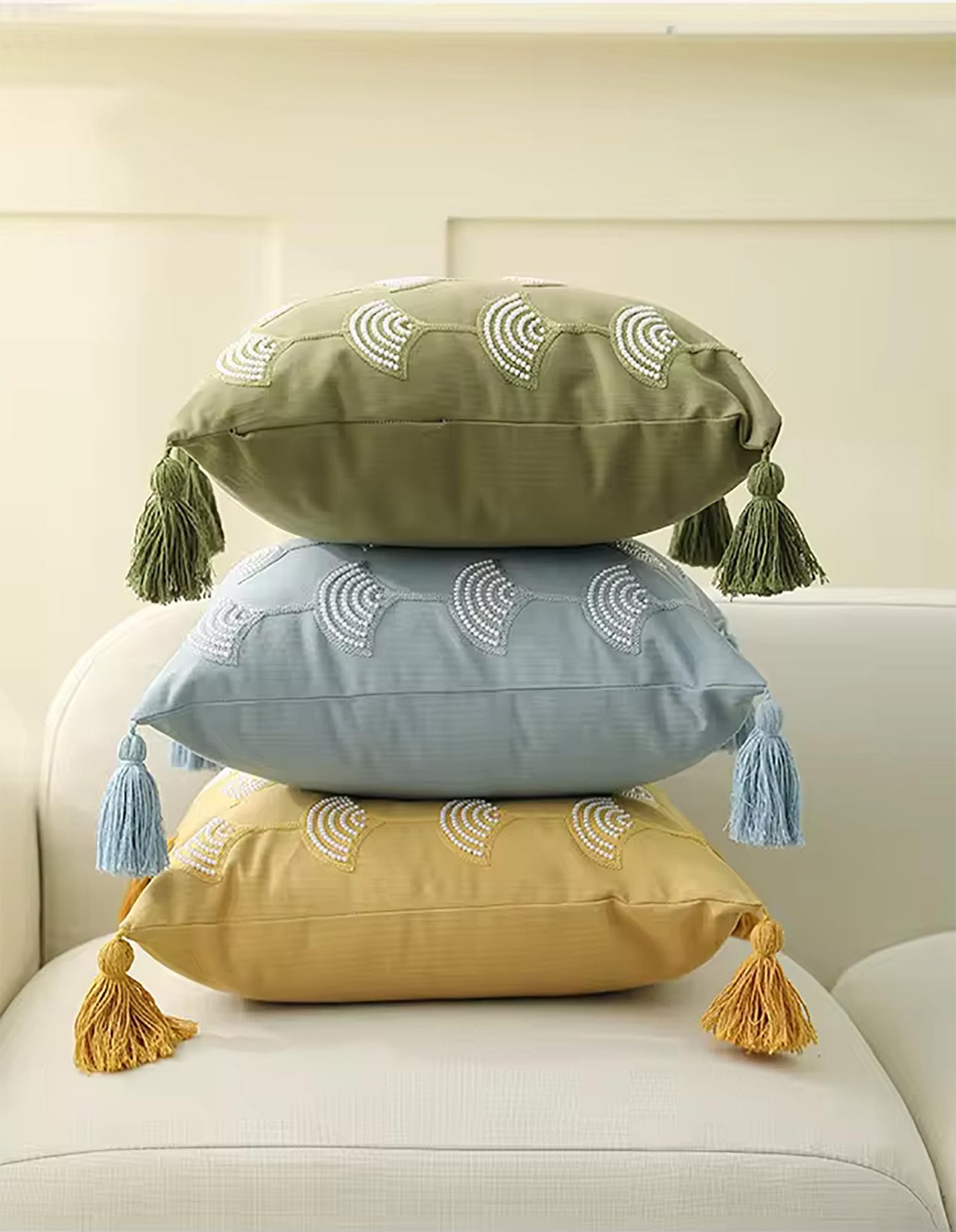 Fennco Styles Hand Beaded Embroidery Ginkgo Leaf Throw Pillow Cover with Tassel 18" W x 18" L - Green Leaves Cotton Cushion Case for Home, Couch, Living Room, Bedroom and Office Décor