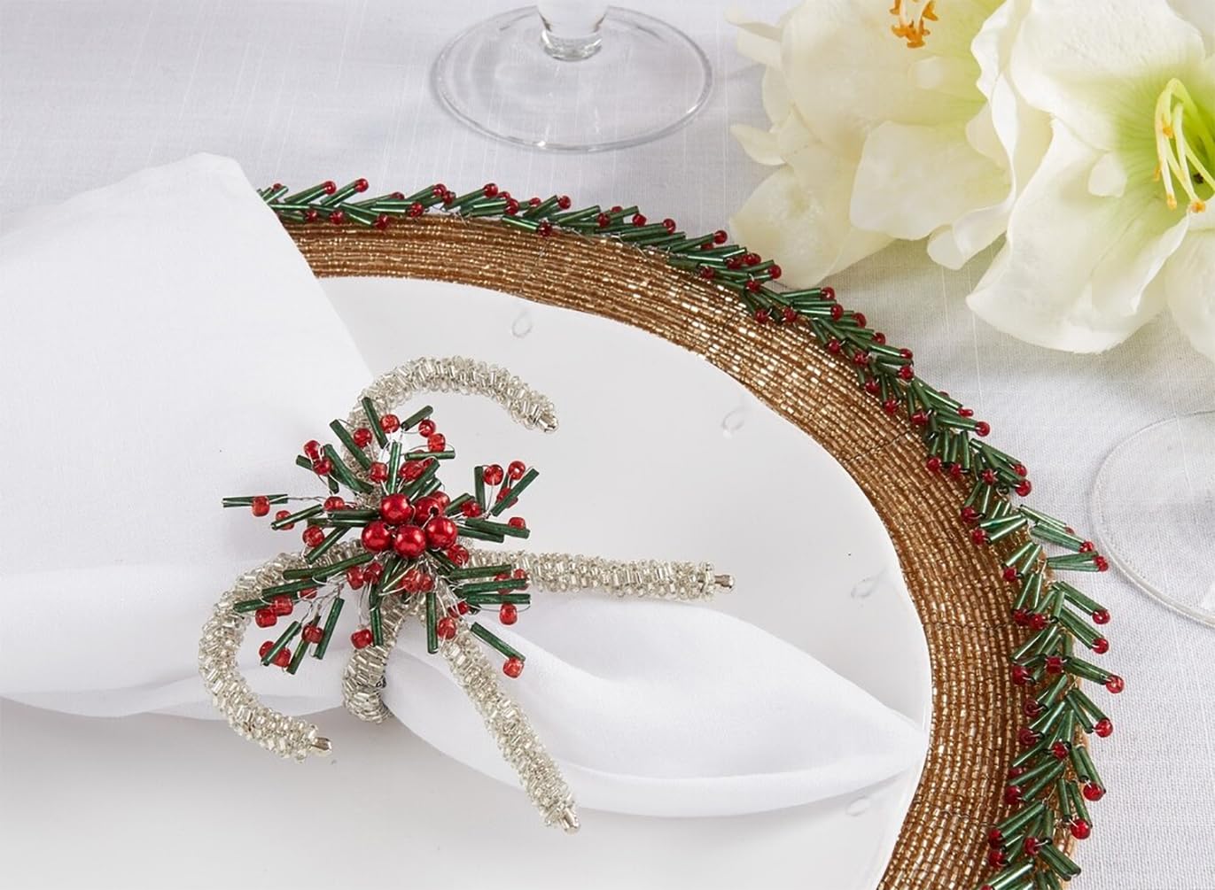 Fennco Styles Hand Beaded Holiday Candy Cane Napkin Rings, Set of 4 - Gold Glass Bead Napkin Holders for Dining Room, Banquet, Family Gathering, Christmas Décor and Special Occasion