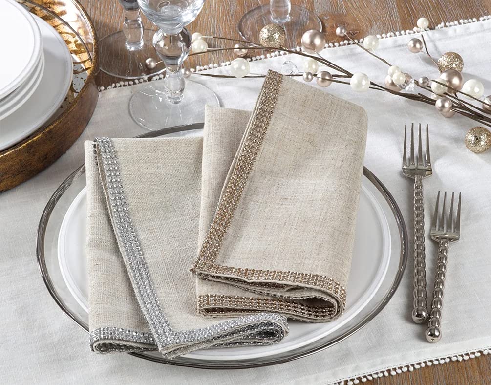 Fennco Styles Elegant Lily Collection Studded Design Cloth Napkins 20" W x 20" L, Set of 4 - White Rhinestone Dinner Napkins for Dining Table, Banquets, Family Gathering and Special Occasion