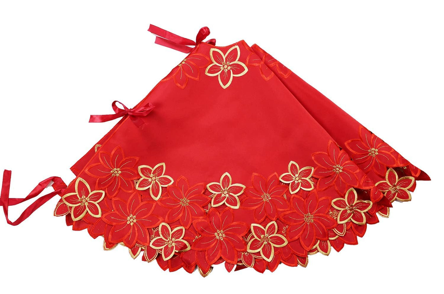Fennco Styles Embroidered Poinsettia Cutwork Red Christmas Tree Skirt 68 Inch Round for Home, Holiday Decoration and Special Occasion