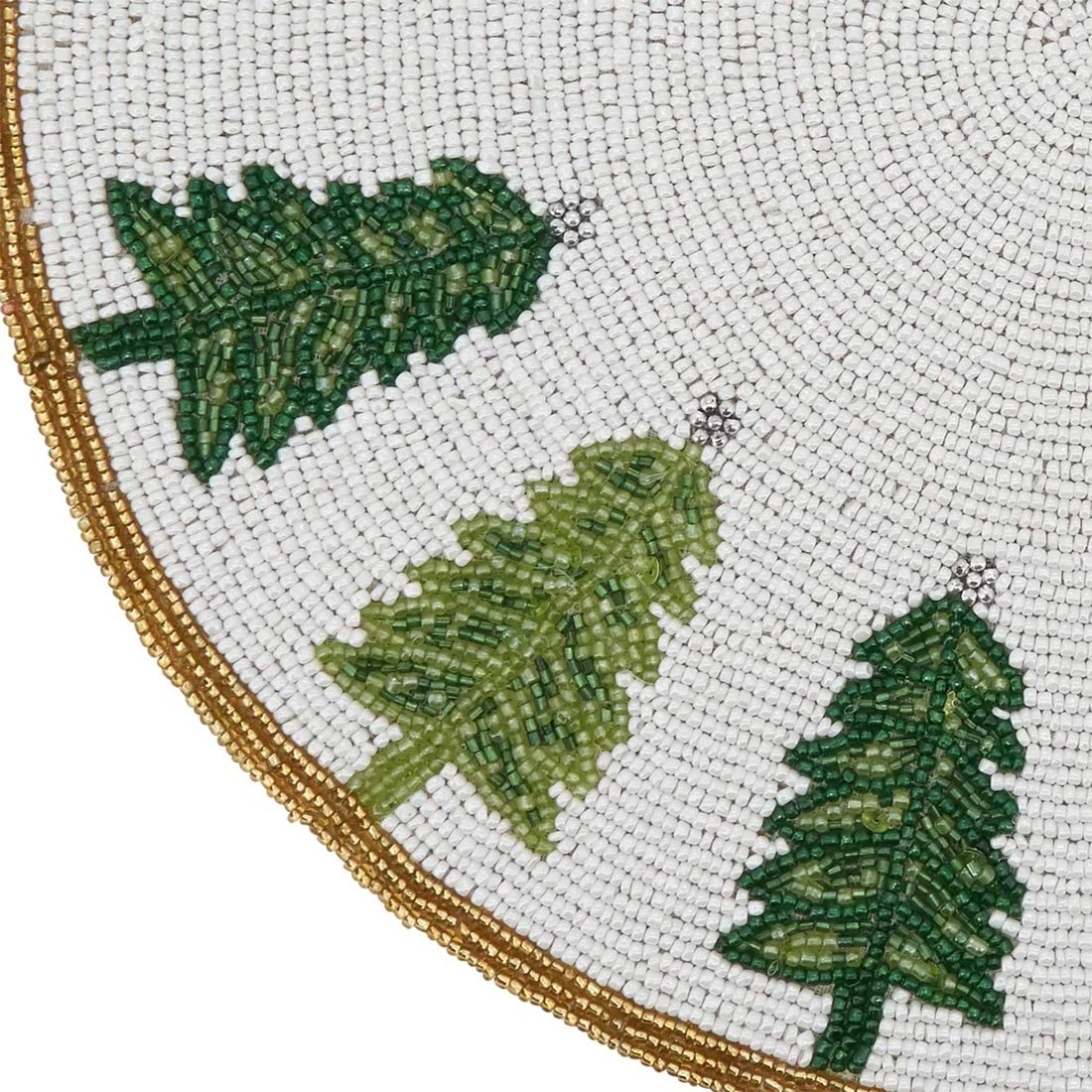 Fennco Style Hand Beaded Christmas Trees Holiday Placemat 15" Round, 1-Piece - Green & White Table Mat for Banquets, Christmas, Special Events and Home Décor