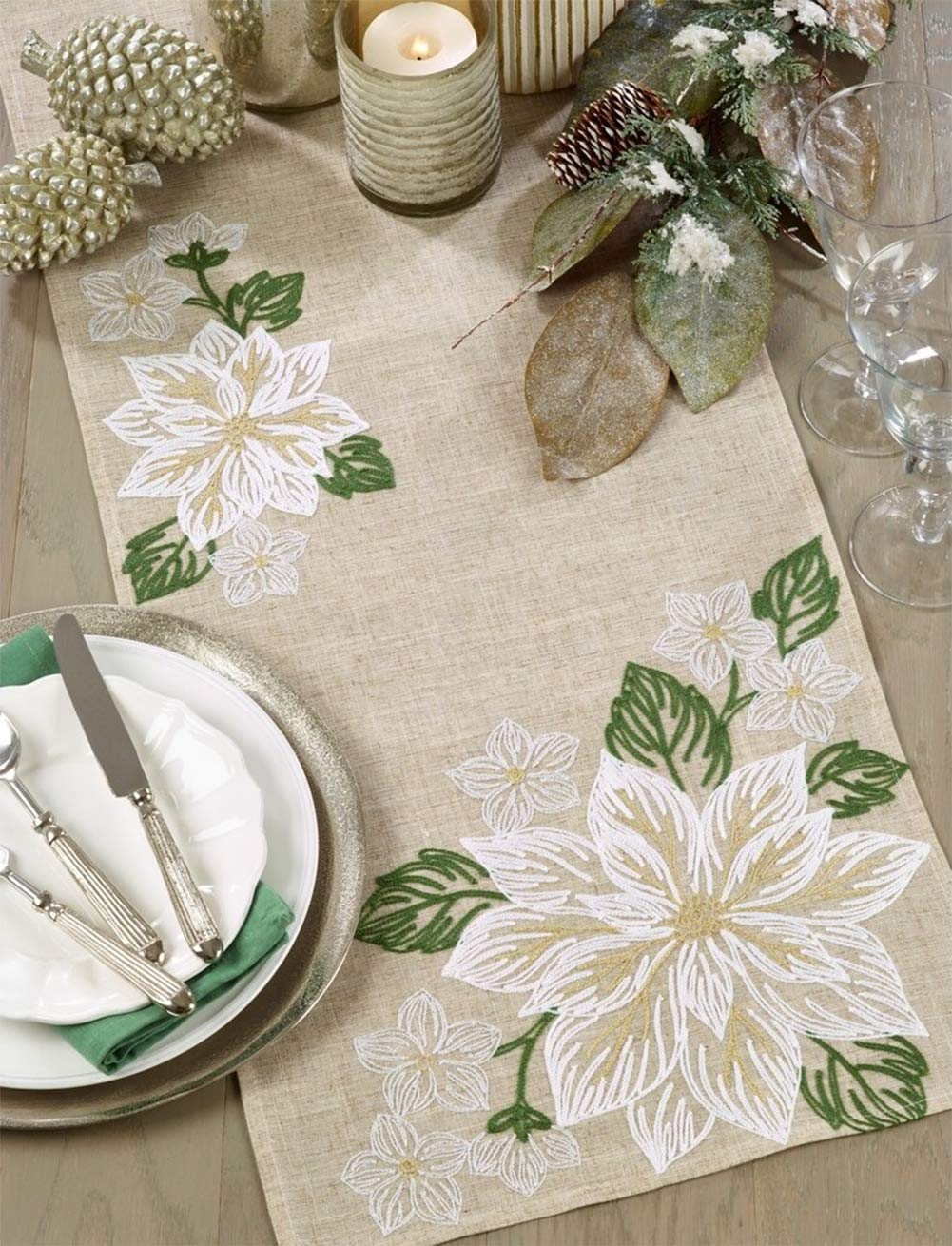 Fennco Styles Floral Embroidery Table Runner 16 x 70 Inch Rectangular – Natural Table Cover for Home Décor, Dining Table, Banquets, Easter, Holidays and Special Occasions