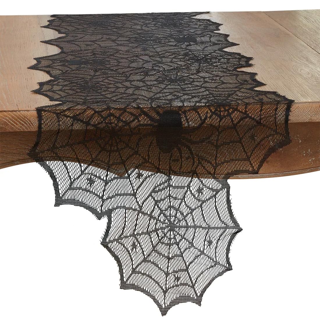 Fennco Styles Creepy-Crawly Spiderweb Table Runner 18" W x 72" L - Black Lace Table Cover for Home Halloween Décor, Family Gatherings, Themed Party and Special Events