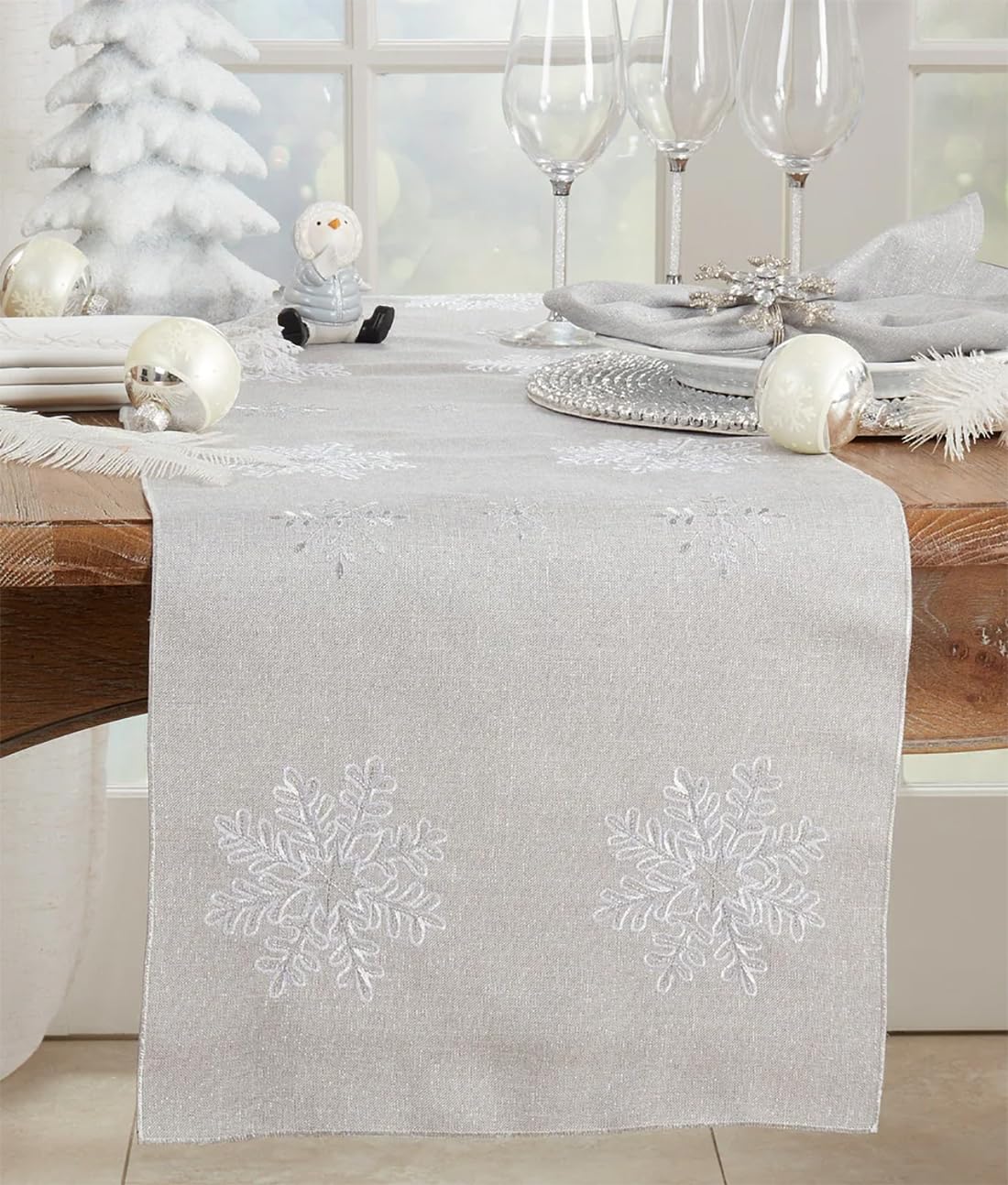 Fennco Styles Embroidered Snowflake Holiday Tablecloth - Silver Elegant Table Cover for Home Décor, Everyday Use, Christmas, Weddings and Special Events