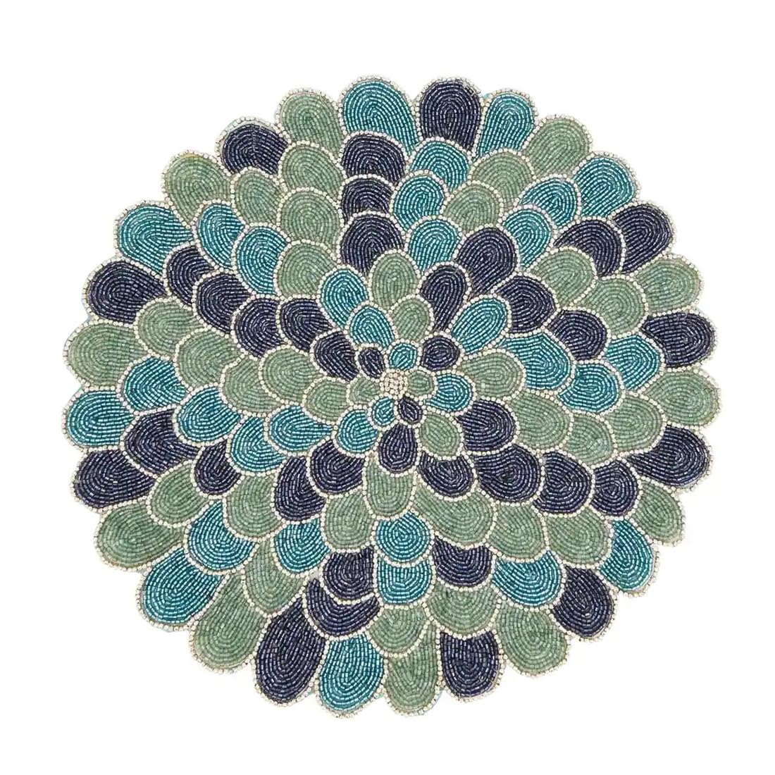 Fennco Style Beaded Peacock Placemat 14" Round, 1-Piece - Blue Glam Feather Inspired Table Mat for Home Décor, Family Gatherings, Birthdays and Special Events