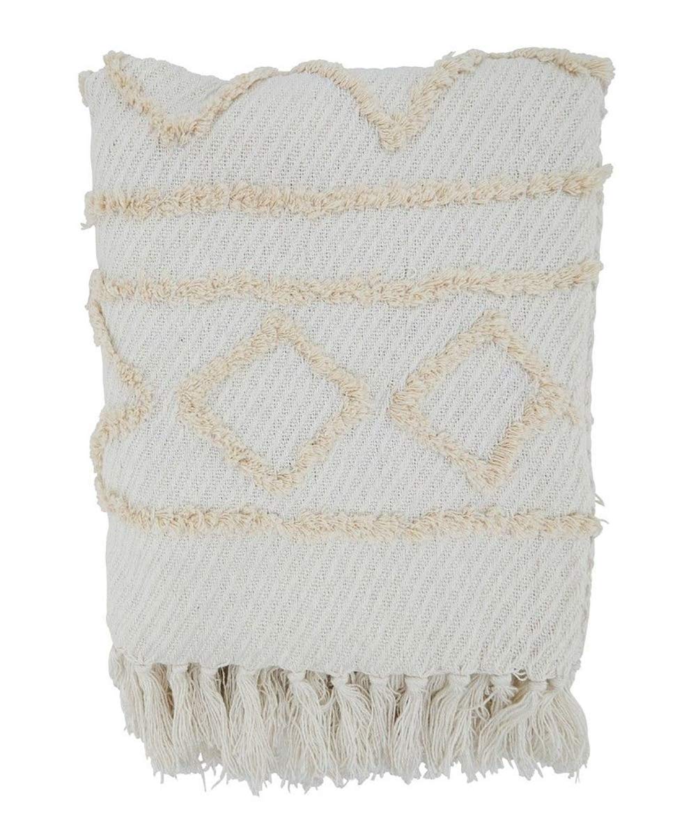Fennco Styles Diamond Embellished Cotton Throw Blanket with Tassel 50" W x 60" L – Ivory Tufted Blanket for Couch, Bedroom and Living Room Décor