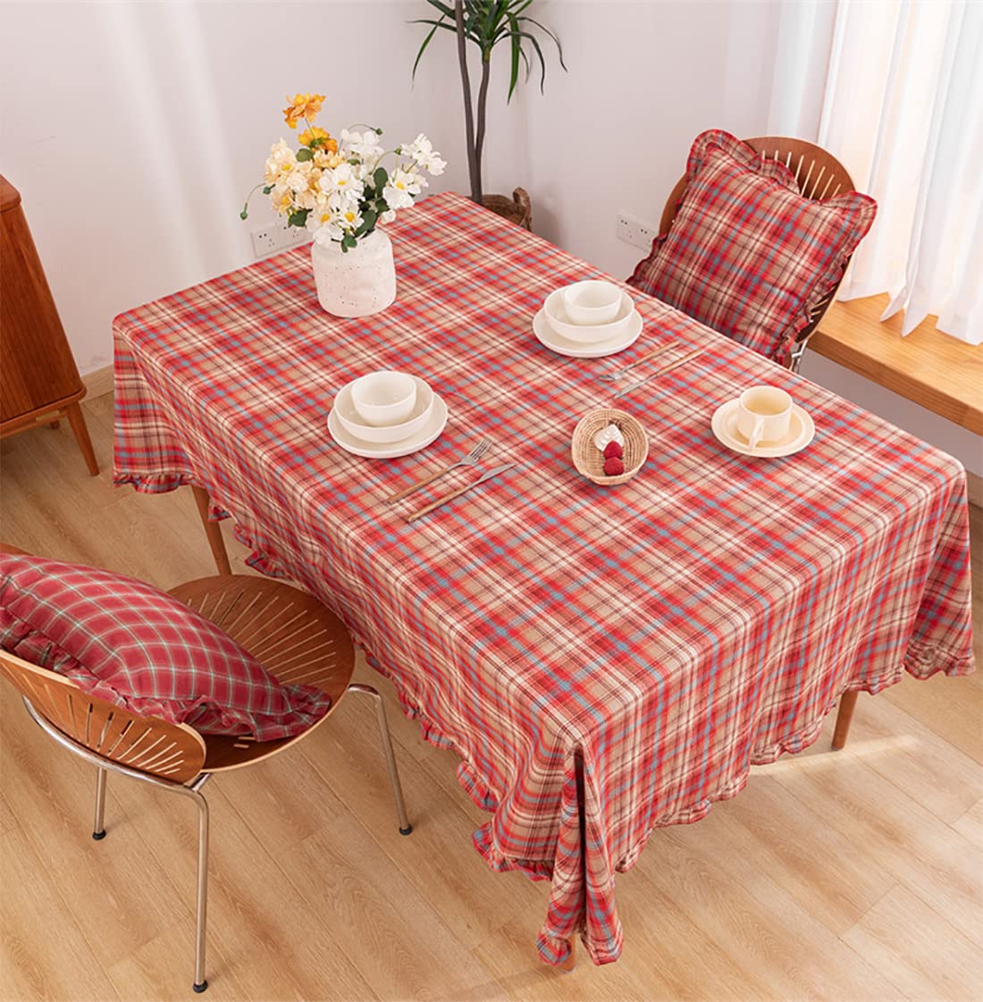 Fennco Styles Plaid Ruffled Border Cotton Woven Tablecloth 56" W x 71" L - Khaki Tartan Table Cover for Banquets, Holiday, Special Events, Home, Dining Room Décor and Everyday Use