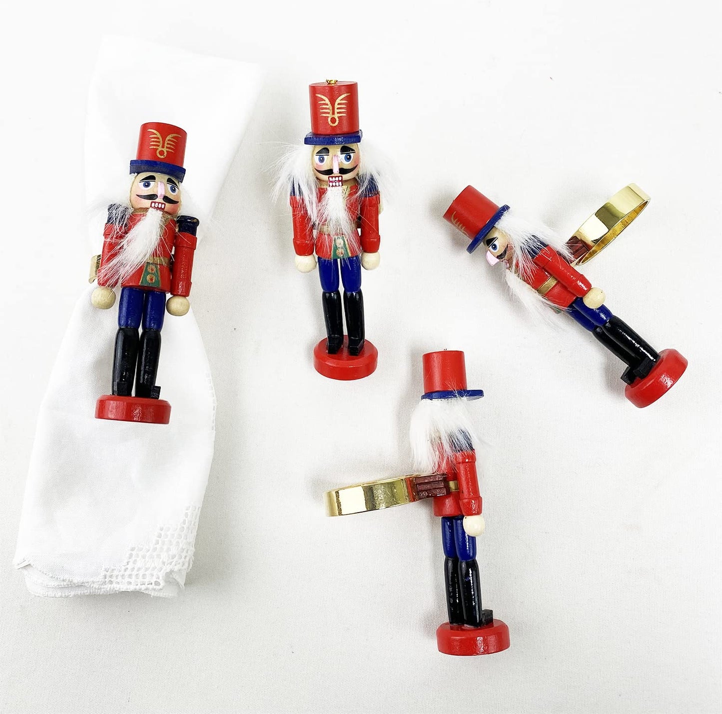 Fennco Styles Handmade Wooden Nutcracker Decorative Napkin Rings, Set of 4 - Festive Soldier Napkin Holders for Dining Table, Christmas, Holidays Décor and Special Occasions