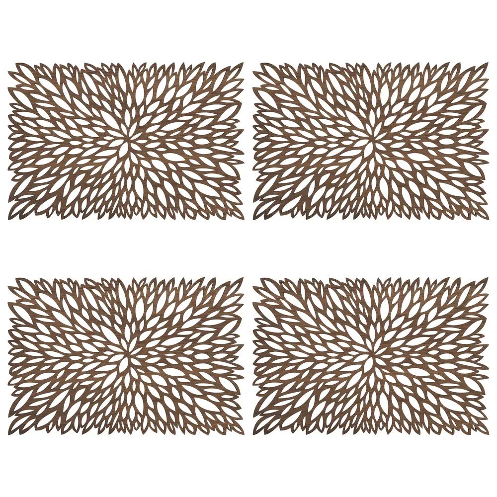 Fennco Styles Unique Engineered Wood Laser Cut Placemats 12"x18" Rectangular, Set of 4 – Brown Modern Traycloth Table Mats for Home, Dining Room Décor, Banquets, Indoor Outdoor and Special Events