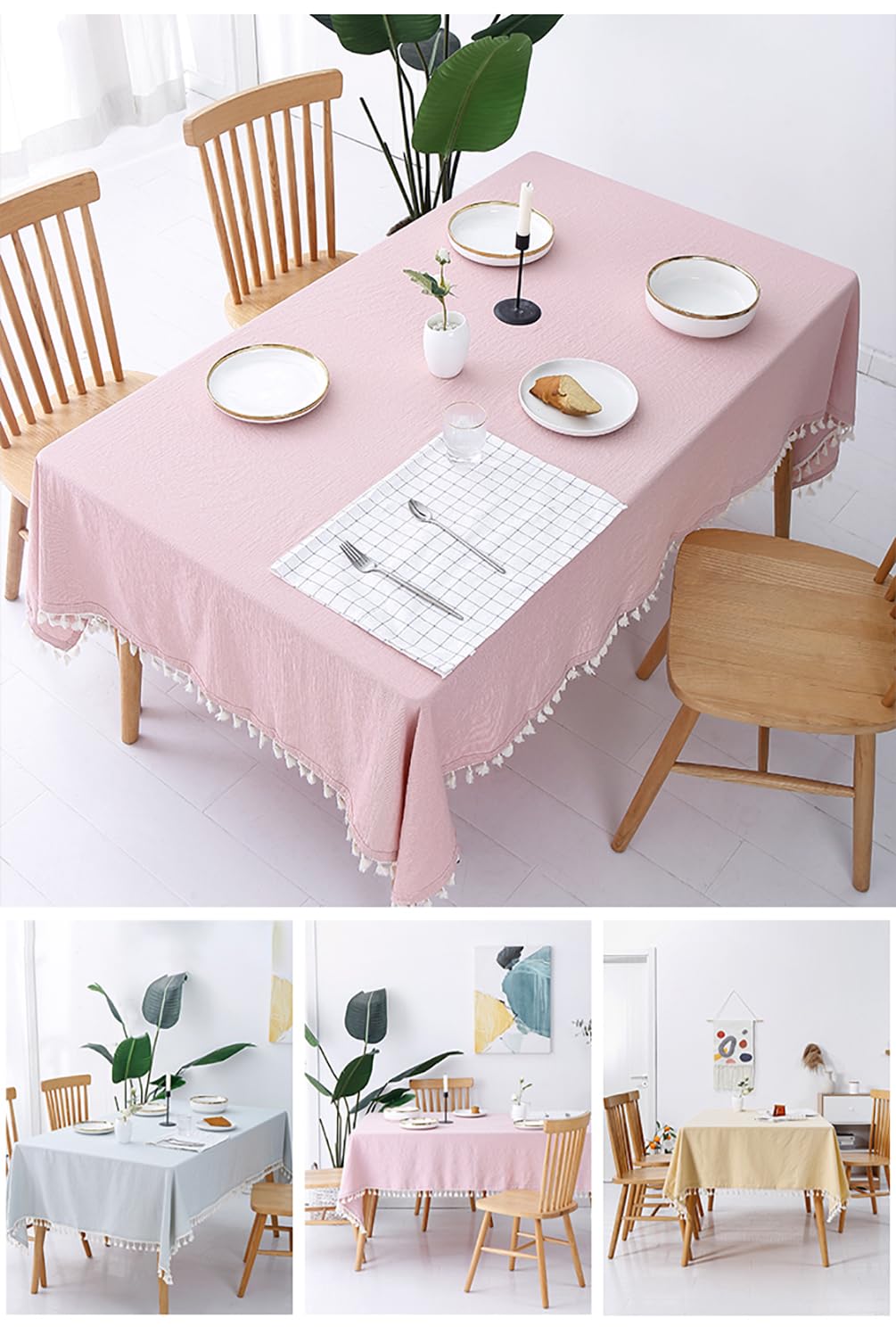 Fennco Styles Modern Houndstooth Design Everyday Tablecloth 40" W X 56" L - Yellow Cotton Blend Tassels Table Cover for Dining Room, Banquets, Holidays, Special Events and Home Décor