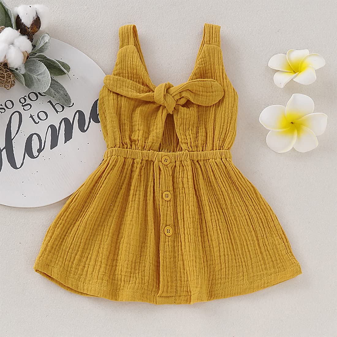 stylesilove Baby Girls Sleeveless Front Tie Bowknot Gauze Cotton Dress Toddler Girl Solid Sundress Summer Outfit