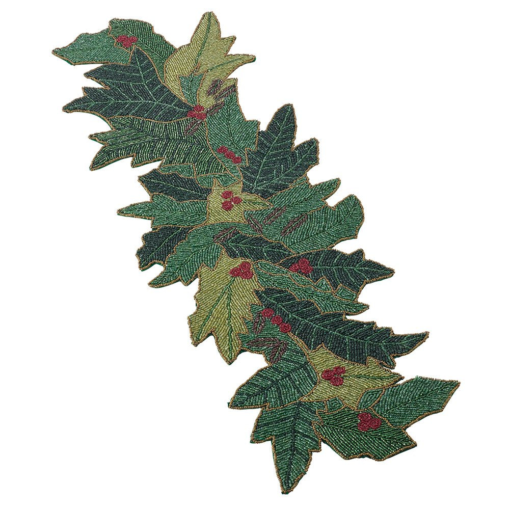 Fennco Styles Noel Hand Beaded Holiday Festive Holiday Table Runner 12" W x 36" L - Green Table Cover for Christmas, Home, Banquets, Family Gathering and Special Occasion
