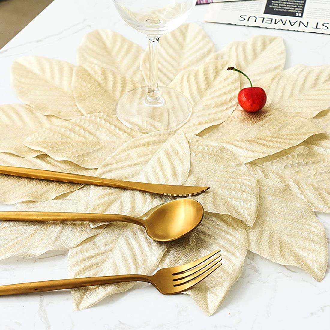 Fennco Styles Handmade Leaf Shaped Shimmer Placemats 14 Inches Round, Set of 4 – Champagne Flower Table Mats for Home, Dining Room Décor, Banquets, Indoor & Outdoor and Special Events