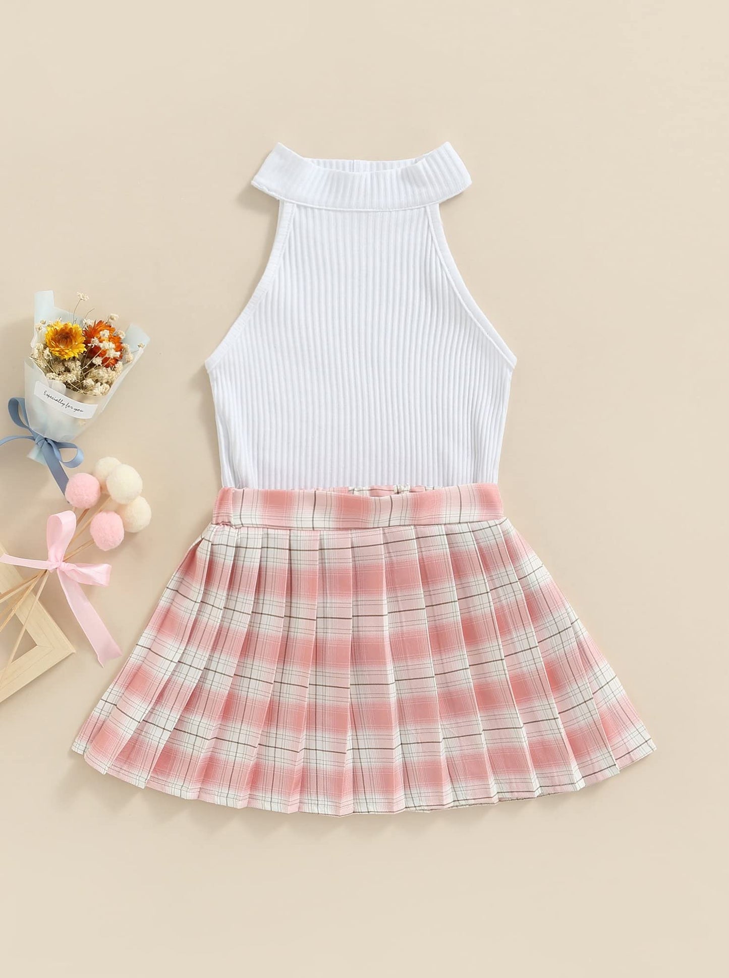 stylesilove Toddler Little Girls Solid Ribbed Tank Top & Plaid Mini Pleated Skirt 2pcs Summer Casual Dress Outfit