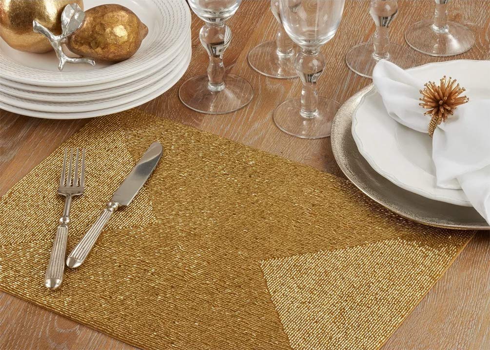 Fennco Style Hand Beaded Metallic Table Placemat 13" W x 18" L, 1-Piece - Silver Glass Beads Table Mat for Banquets, Christmas, Special Events and Home Décor