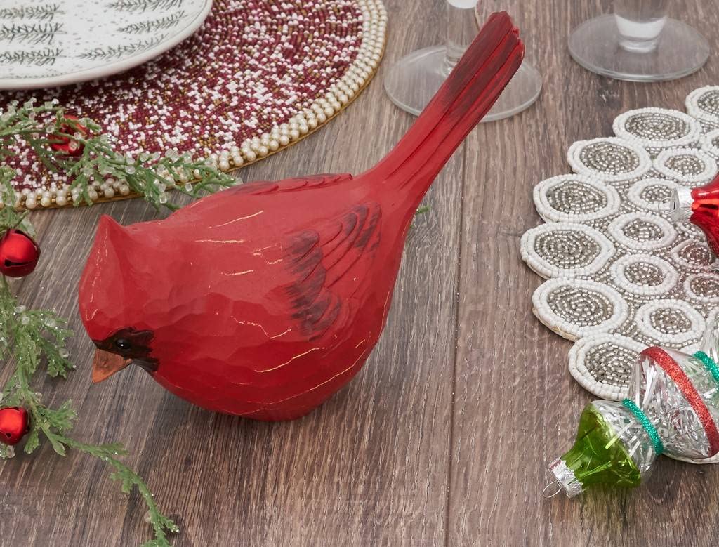 Fennco Styles Decorative Red Resin Perched Cardinal Sculpture Figurine for Farmhouse, Tabletop, Bookshelf, Garden, Christmas and Holiday Décor (5.5" High)
