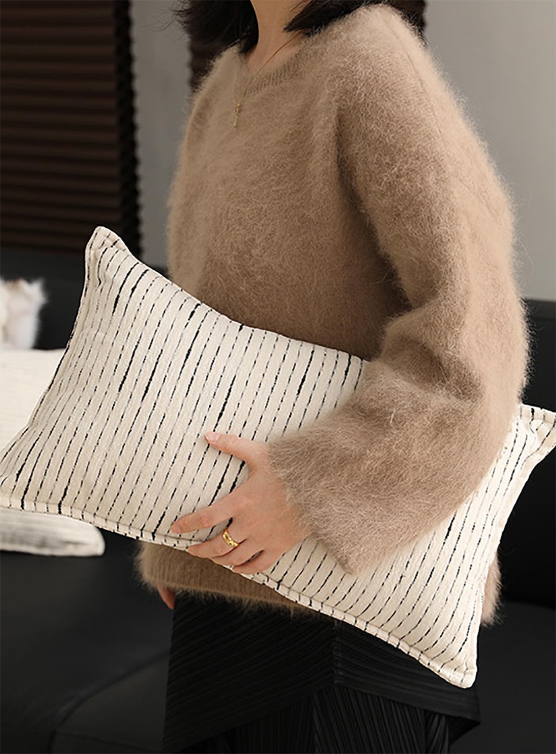Fennco Styles Black Stripe Chenille Decorative Filled Throw Pillow - White Woven Soft Cushion for Home, Couch, Bedroom, Living Room and Office Décor