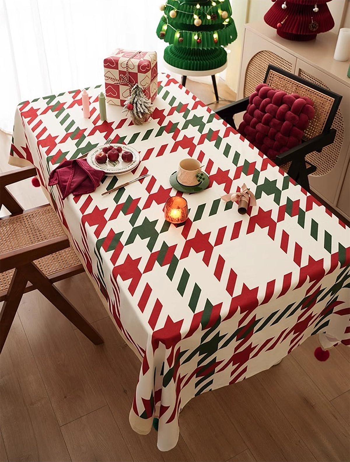 Fennco Styles Red and Green Holiday Plaid Pom Pom Christmas Tablecloth - Cotton Blend Festive Table Cover for Winter Holidays, Banquets, Family Gatherings and Special Occasions