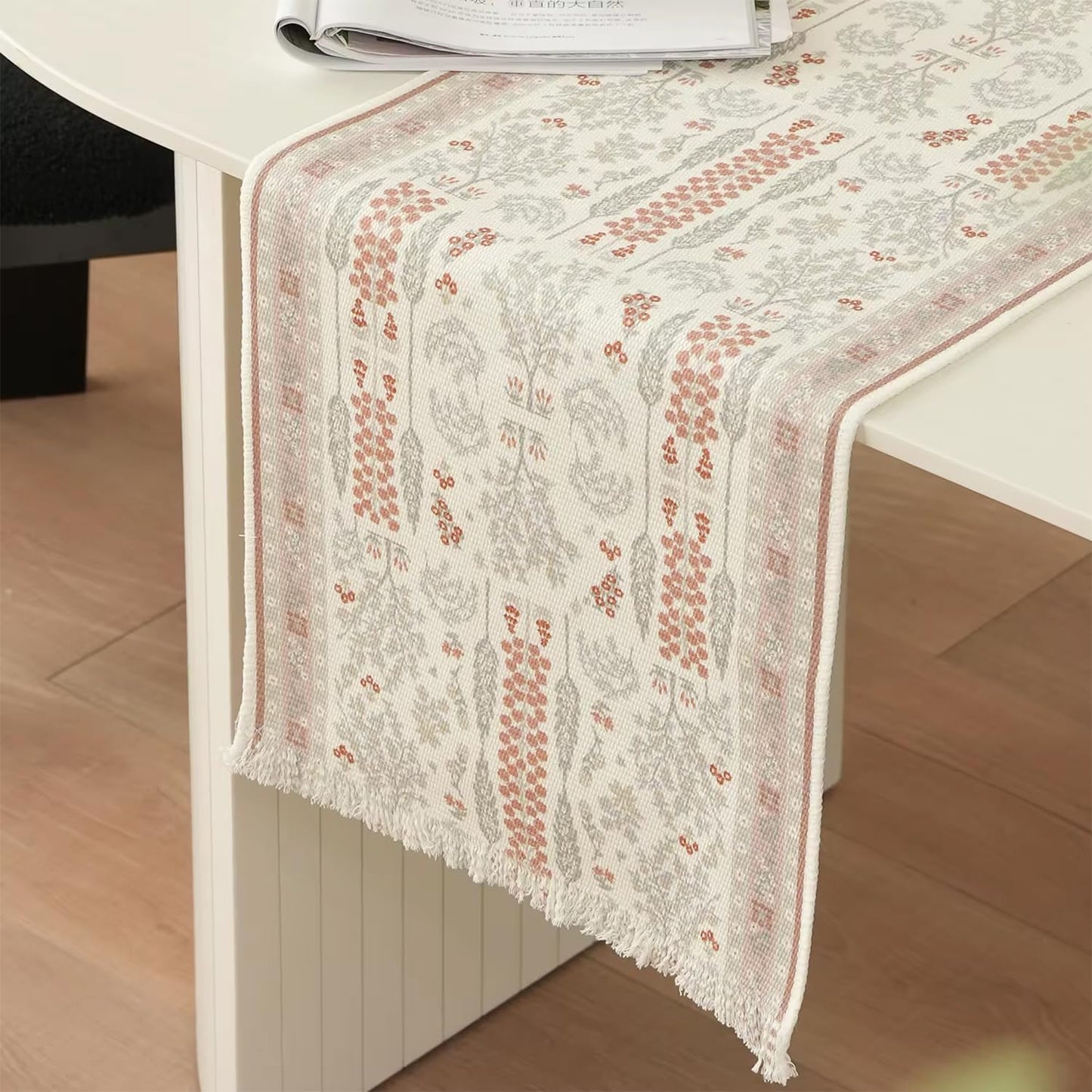 Fennco Styles Coral Floral Print Tassel Cotton Blend Woven Table Runner 14" W x 71" L