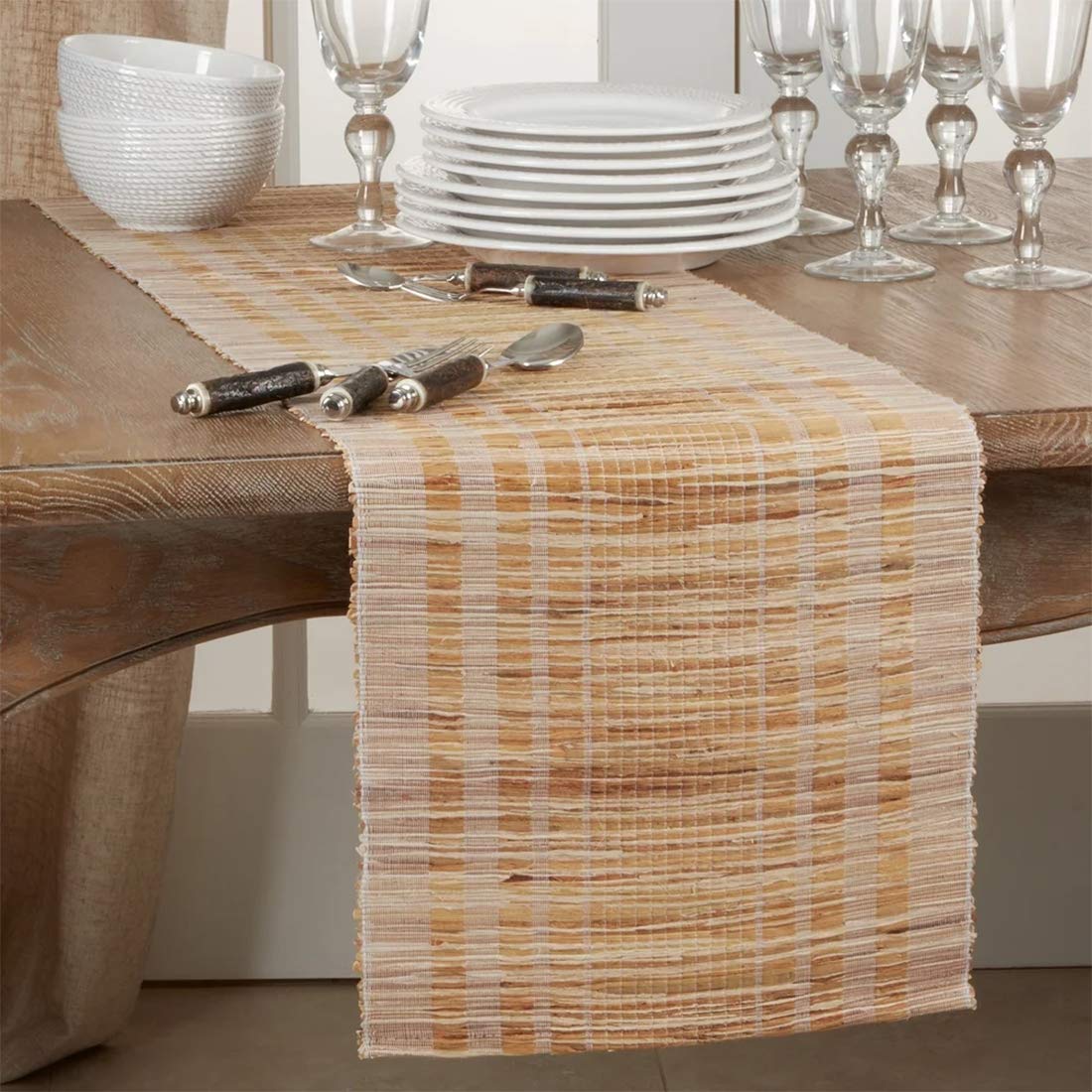 Fennco Styles Classic Striped Texture Water Hyacinth Table Runner 14 x 72 Inch - Black Table Cover for Home Décor, Dining Table, Banquets, Holiday and Special Events