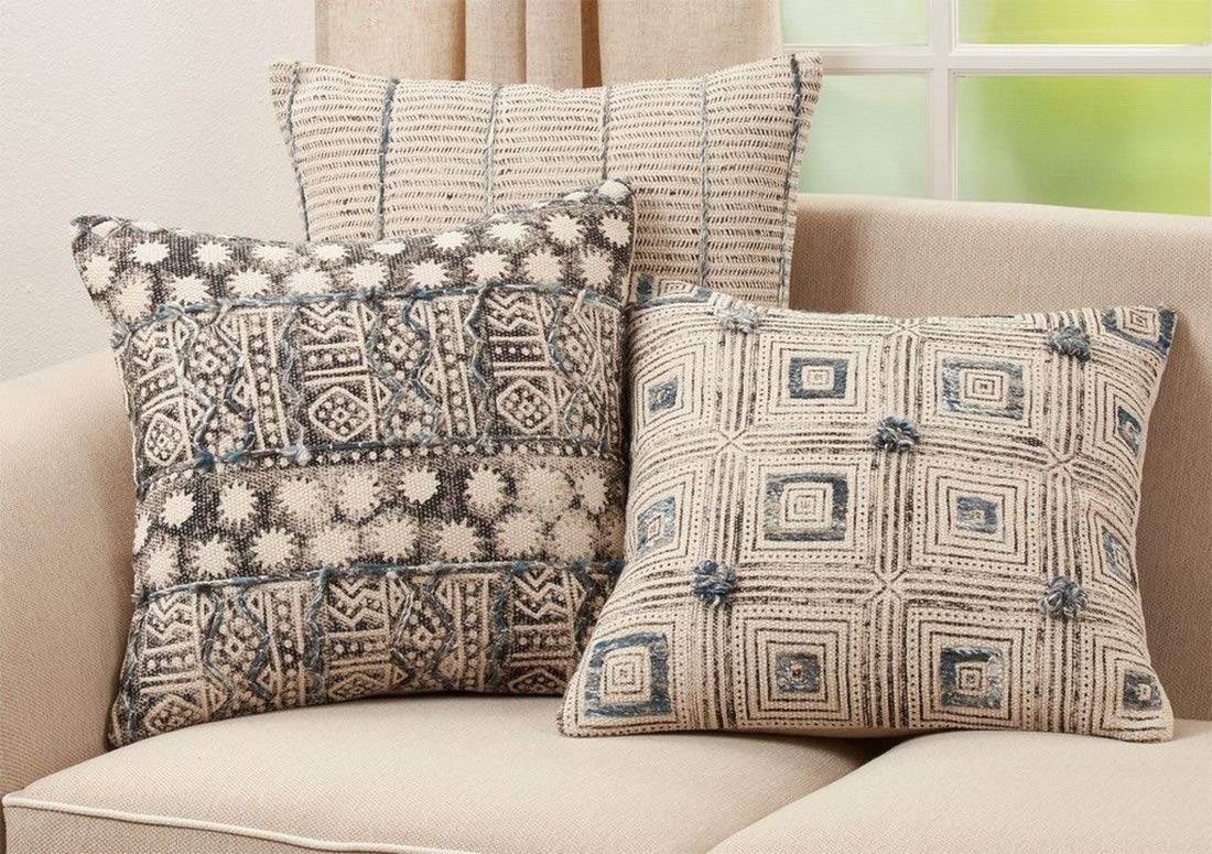 Fennco Styles Embroidered Block Print Cotton Decorative Throw Pillow 20" W x 20" L - Blue Cushion for Christmas, Holiday, Home, Couch, Living Room and Office Décor