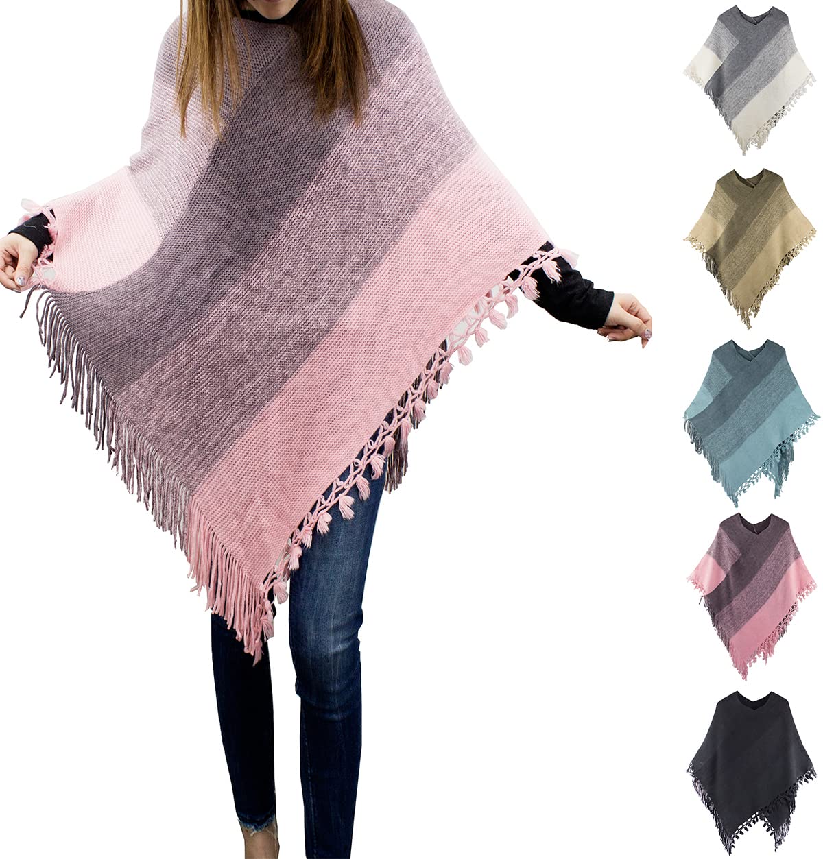 stylesilove Women Color Block Fringe Tassel Poncho Sweater Pullover Cardigan Wrap Topper for Warm Seasons