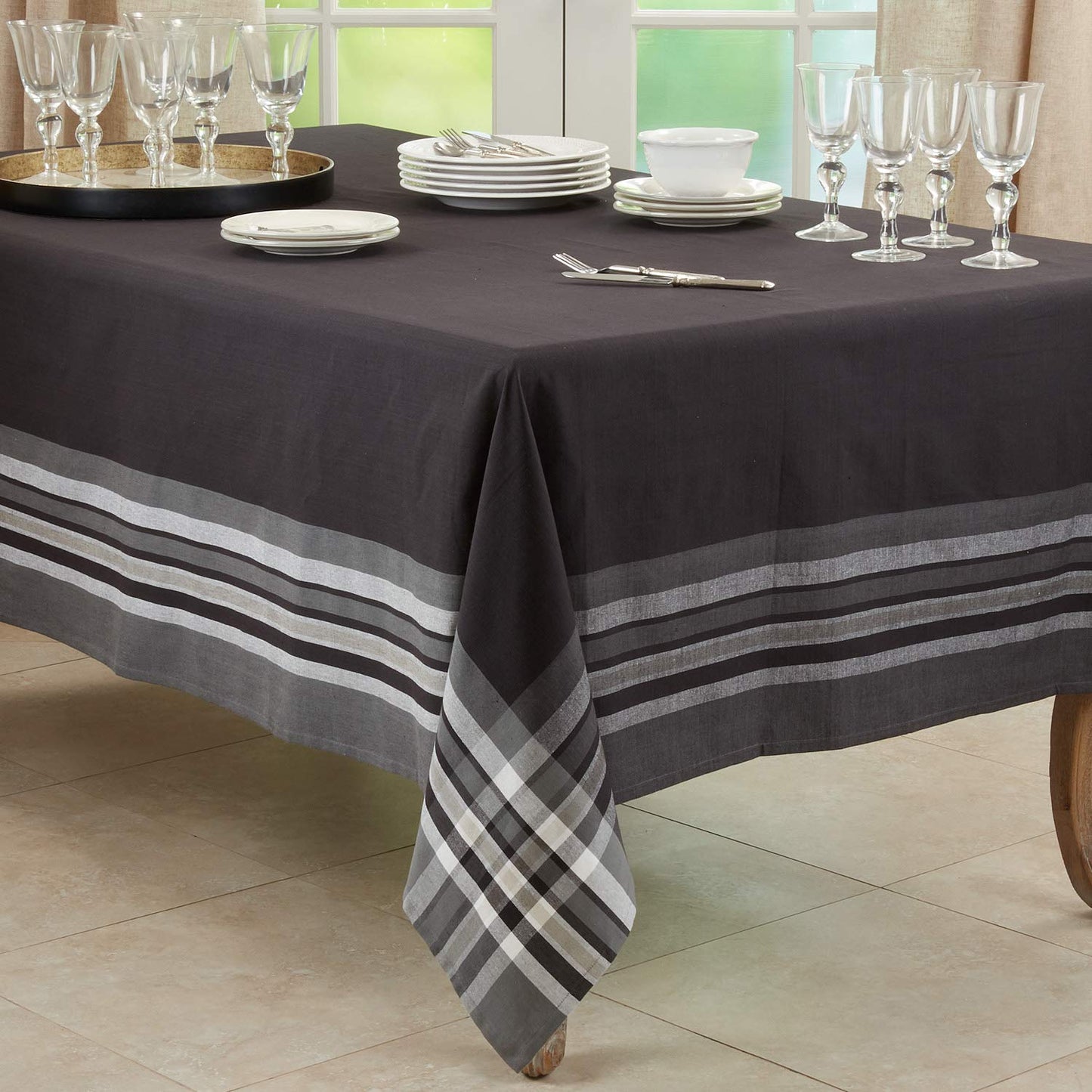 Fennco Styles Contemporary Stripe Border Design Cotton Tablecloth