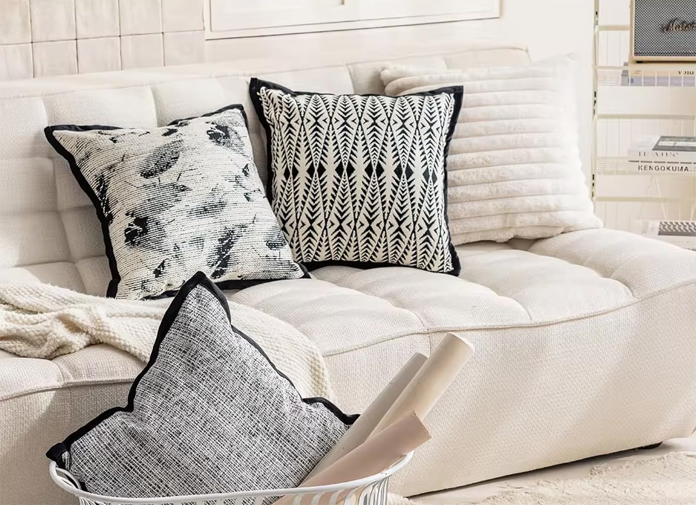 Fennco Styles Art Style Leaf Feather Design Jacquard Throw Pillow Cover 18" W X 18" L – Black Woven Square Cushion Case for Couch, Sofa, Bedroom, Office and Living Room Décor