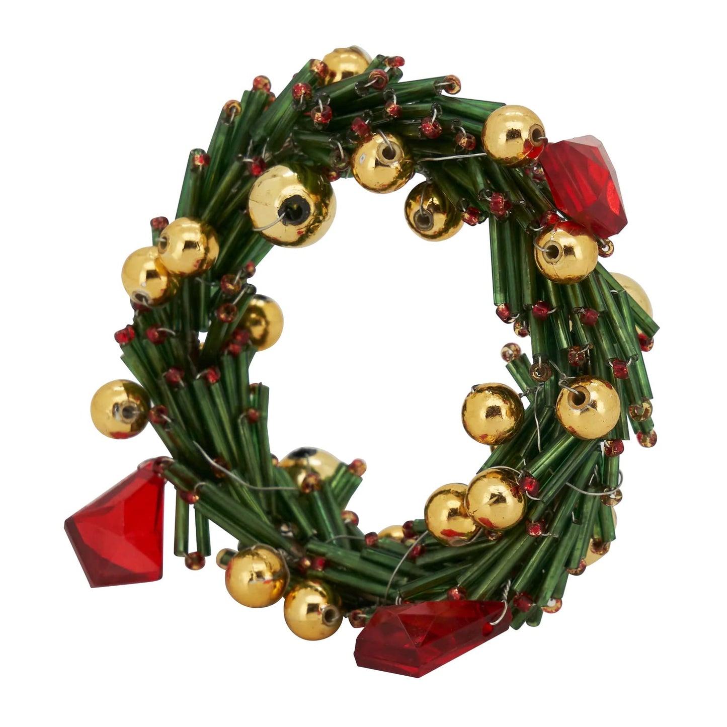 Fennco Styles Hand Beaded Christmas Wreath Decorative Napkin Rings, Set of 4 - Green Glass Beads Napkin Holders for Home, Dining Room, Banquet, Family Gathering, Holiday Décor and Special Occasion