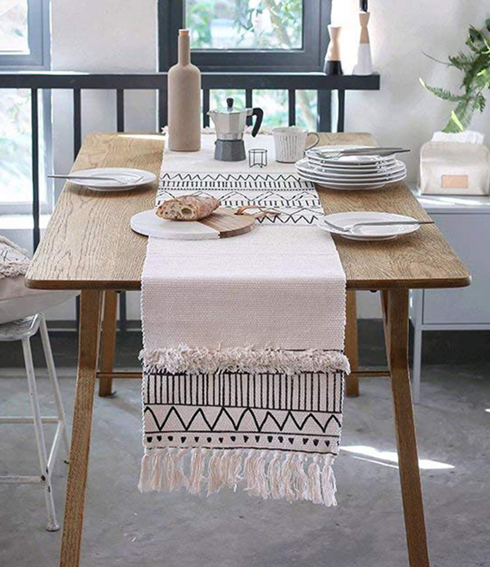 Fennco Styles Ivory Boho Tribal Textured Table Runner with Tassels - Woven Diamond Cotton Blend Table Cover for Boho Décor, Dining Table, Banquets, Family Gatherings