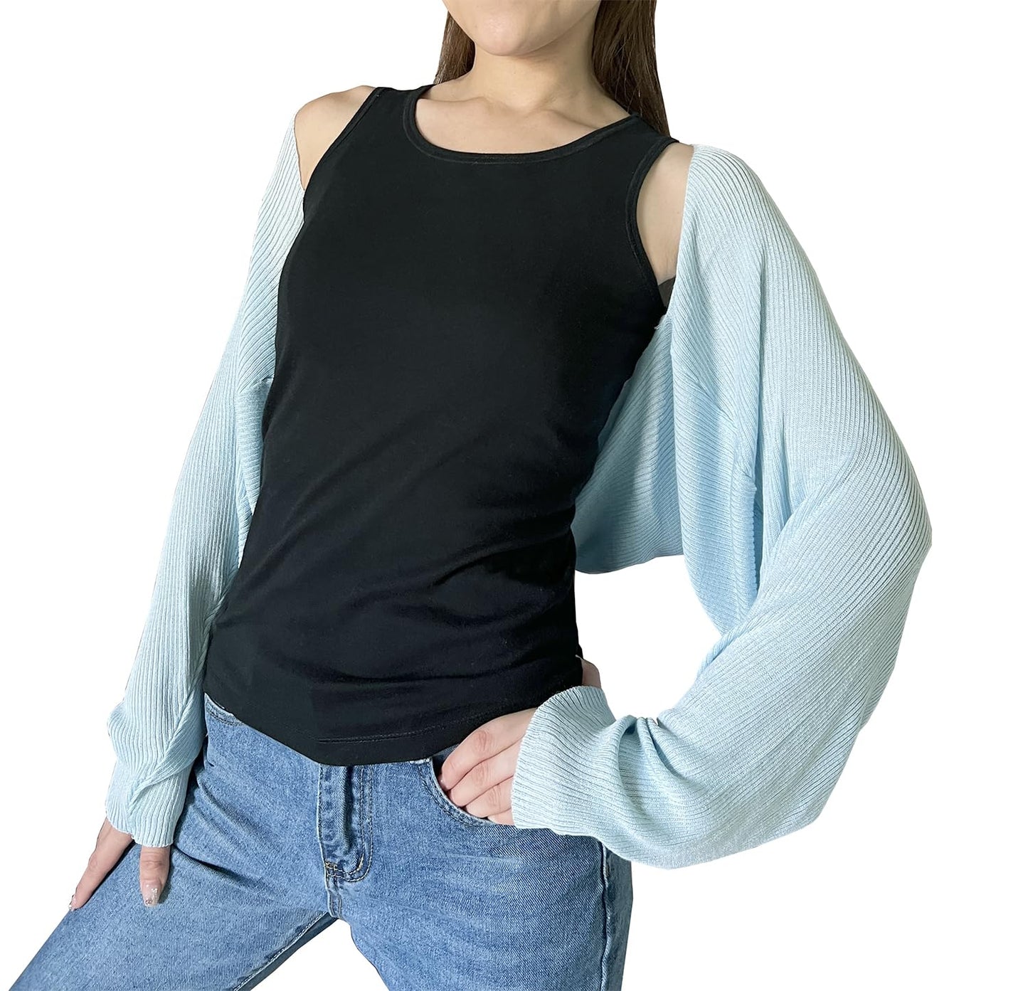 stylesilove Women Lightweight Ribbed Knit Bolero Shrug Long Sleeve Solid Cardigan Soft Sweater Open Front Cape Shawl