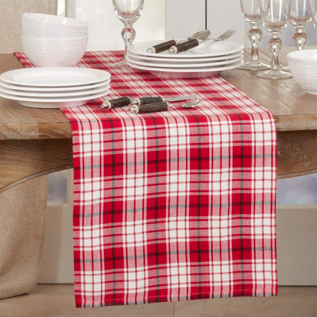 Fennco Style Holiday Plaid Cotton Table Runner 16" W x 72" L - Red Festive Table Cover for Christmas Décor, Everyday Use, Banquet, Family Gathering and Special Occasion