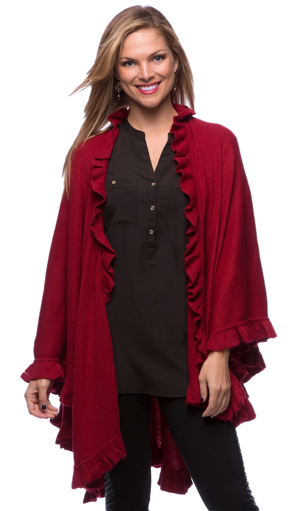 Fennco Styles Women's Ruffle Trim Knit Open Front Poncho Cape Shawl - Fall Wrap Jacket, Cozy and Stylish Layering Piece