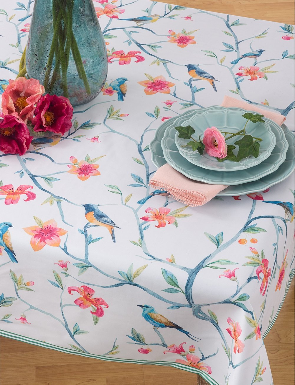 Fennco Styles Bird and Blossom Printed Tablecloth 55"x55"