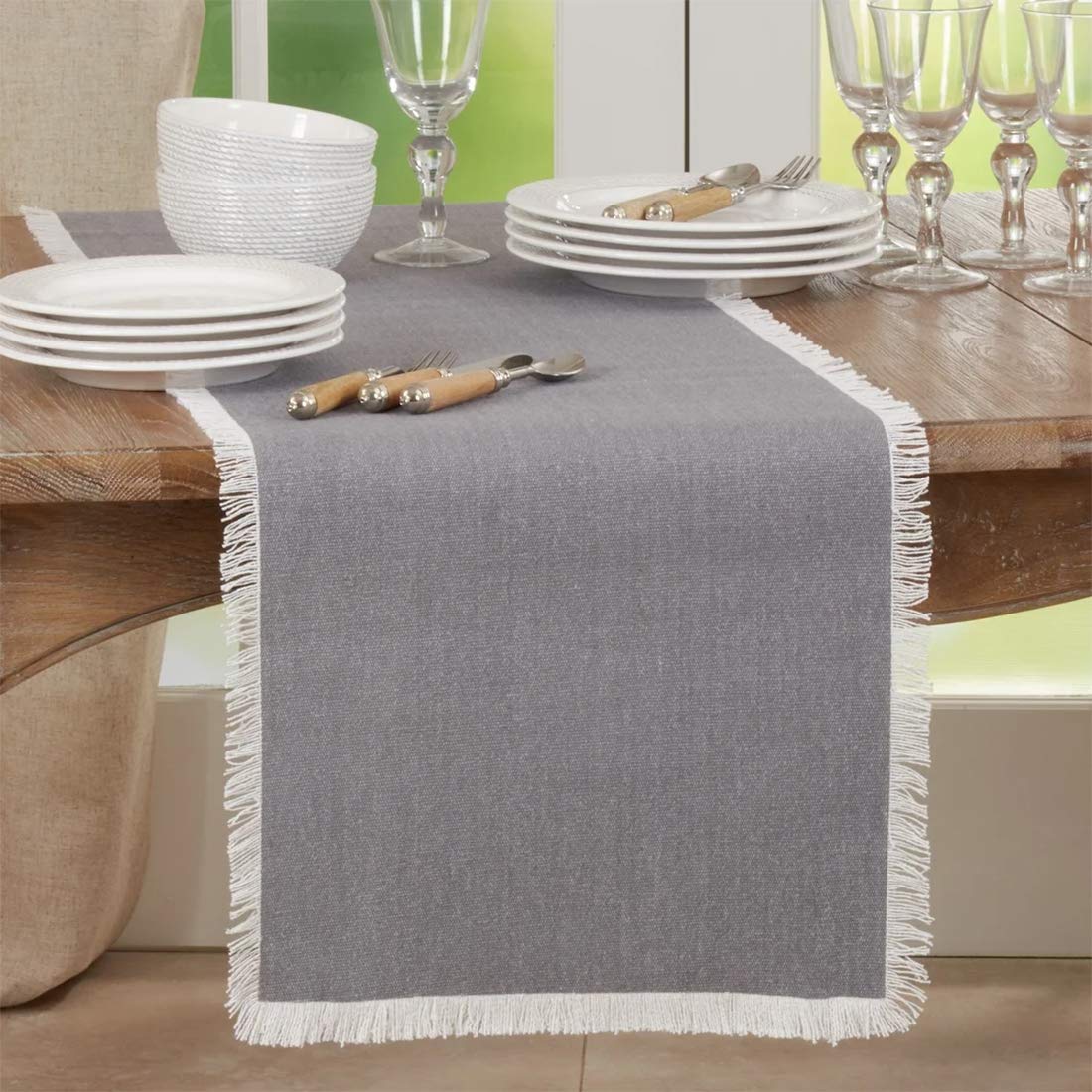 Fennco Styles Fringe Border Design Cotton Table Runner 16" W x 72" L - Table Cover for Christmas, Holiday, Dining Table, Everyday Use, Banquets and Special Occasion