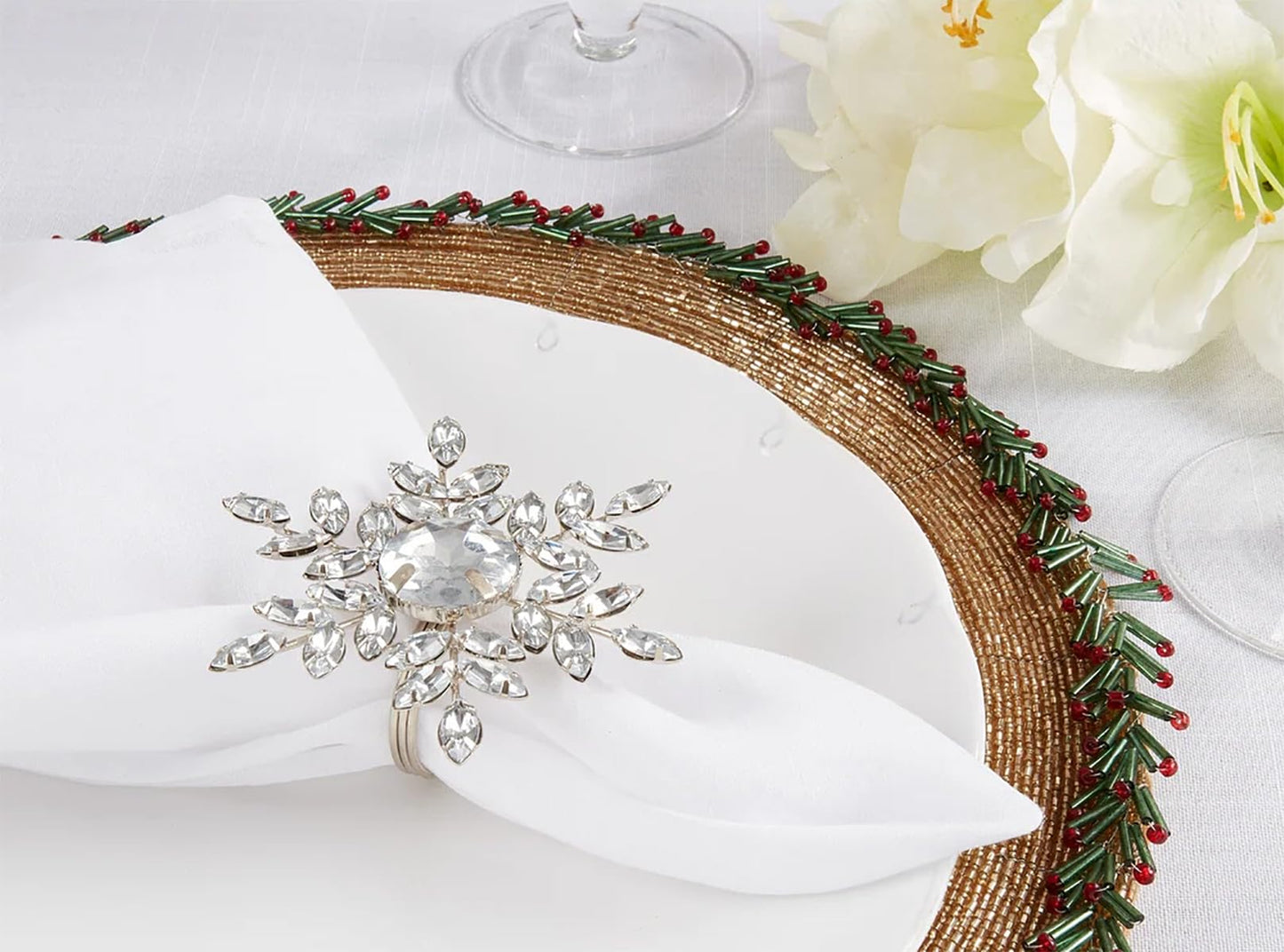 Fennco Styles Beaded Elegant Snowflake Napkin Rings, Set of 4 - Jeweled Holiday Napkin Holders for Home Décor, Christmas, Banquets, Weddings and Special Occasions