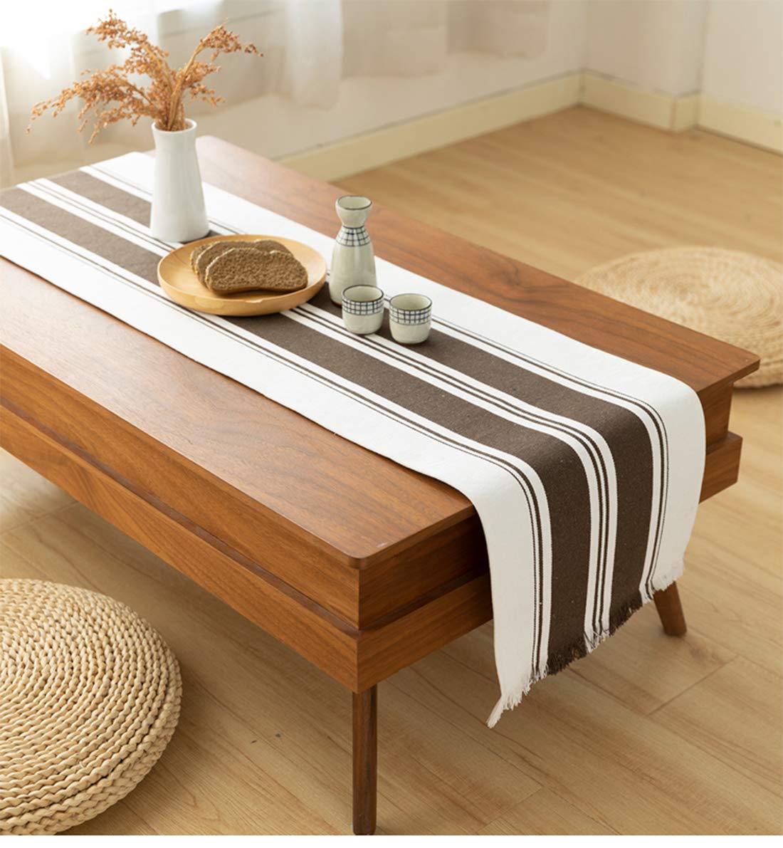 Fennco Styles Netural Stripes Fringe Canvas Cotton Table Runner 14 x 71 Inch - Grey Striped Table Cover for Home Décor, Dining Table, Farmhouse, Everyday Use and Special Occasion