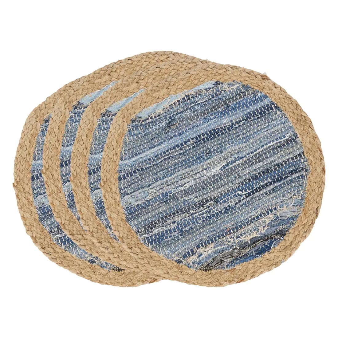 Fennco Styles Rustic Denim Chindi Placemats 15" Round, Set of 4 - Navy Blue Cotton Jute Woven Table Mats for Home, Dining Room Décor, Banquets, and Special Events