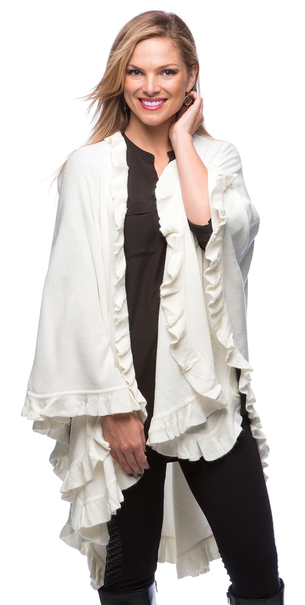 stylesilove Michonne Collection Knit Ruffled 44 x 78 Inch Wrap Poncho Cape for Cold Weather