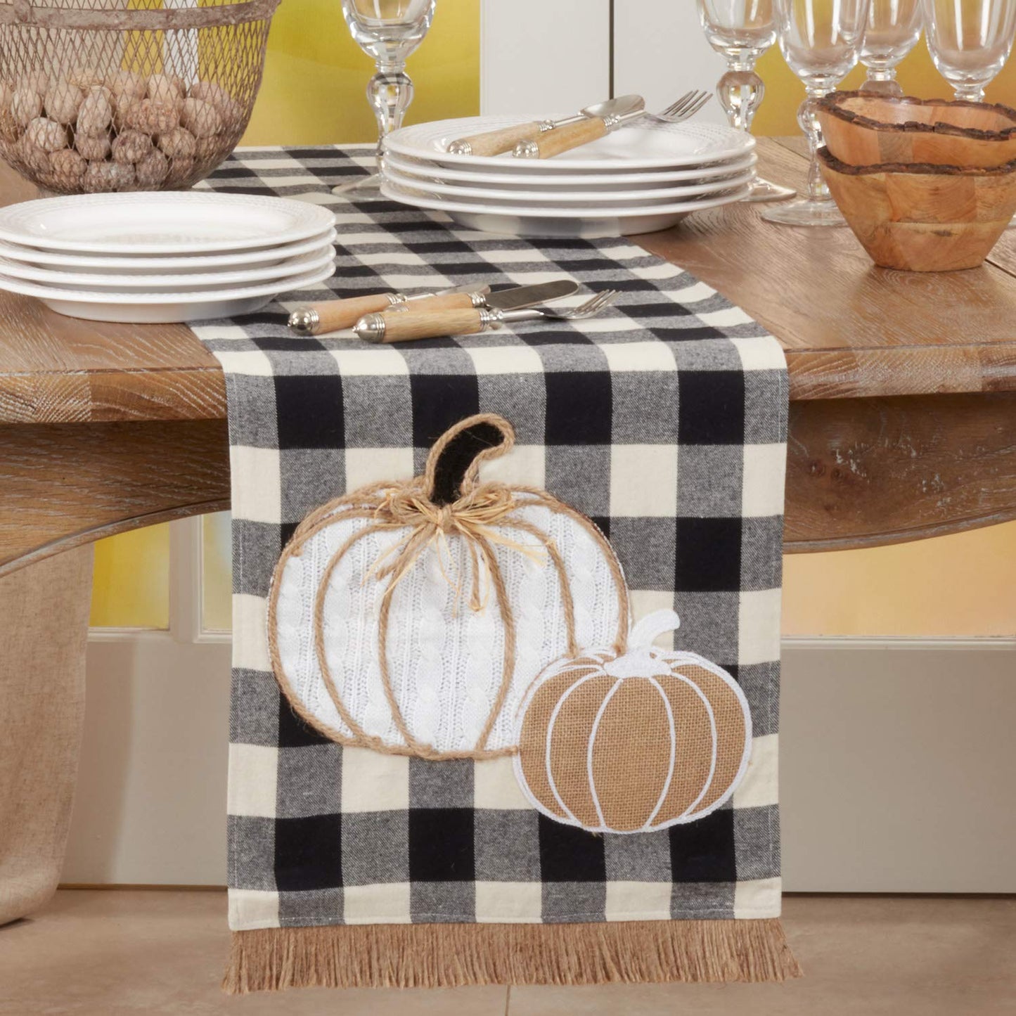 Fennco Styles Buffalo Plaid Harvest Pumpkin Fringe Table Runner 14" W X 72" L - Black & White Traditional Table Cover for Home, Banquets, Thanksgiving, Christmas, Family Gathering and Special Events