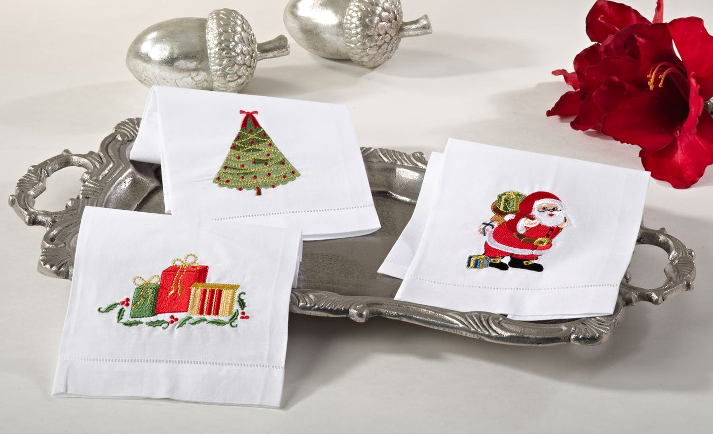 Fennco Styles Embroidered Christmas Tree Design Guest Towels Cotton Linen Kitchen Hand Towels 14"W X 22"L, Set of 4