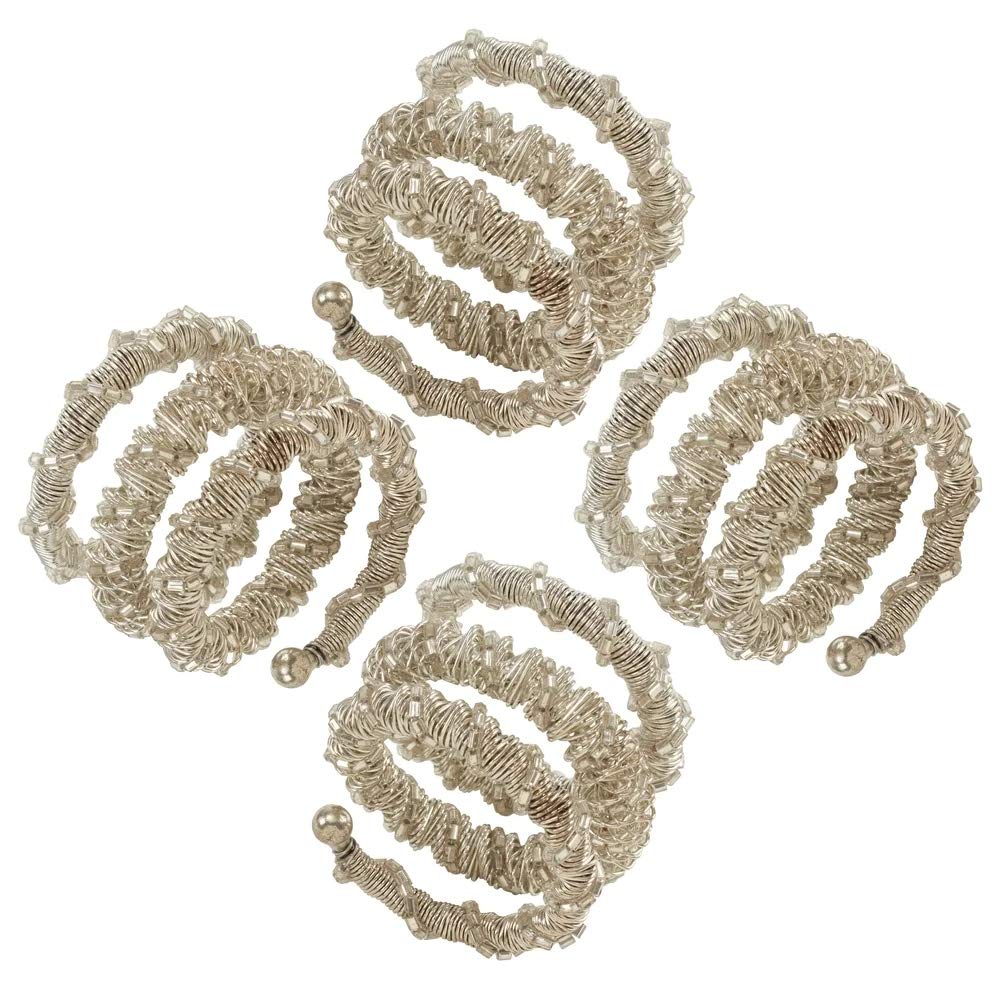 Fennco Styles Hand Beaded Spiral Metal Napkin Rings, Set of 4 - Glass Beads Napkin Holders for Home, Dining Room, Banquet, Family Gathering, Holiday Décor and Special Occasion