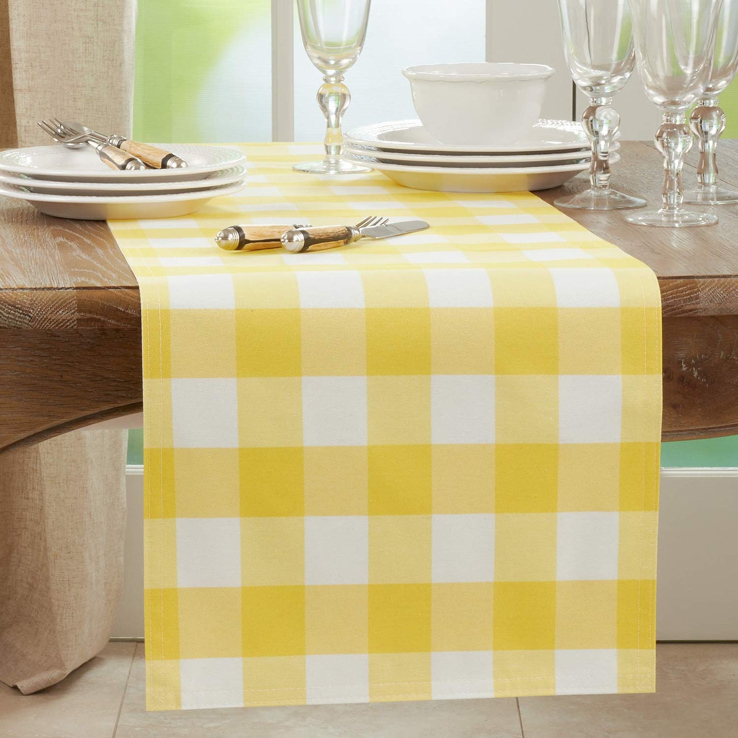 Fennco Styles Classic Buffalo Check Cotton Blend Table Runner 16" W x 36" L - Yellow Holiday Table Cover for Banquets, Christmas, Special Events and Home Décor