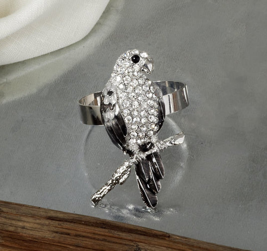 Fennco Styles Luxurious Jeweled Silver Parrot Napkin Rings, Set of 4 - Crystal Metal Napkin Holders for Dining Table Décor, Banquet, Family Gathering and Special Occasion